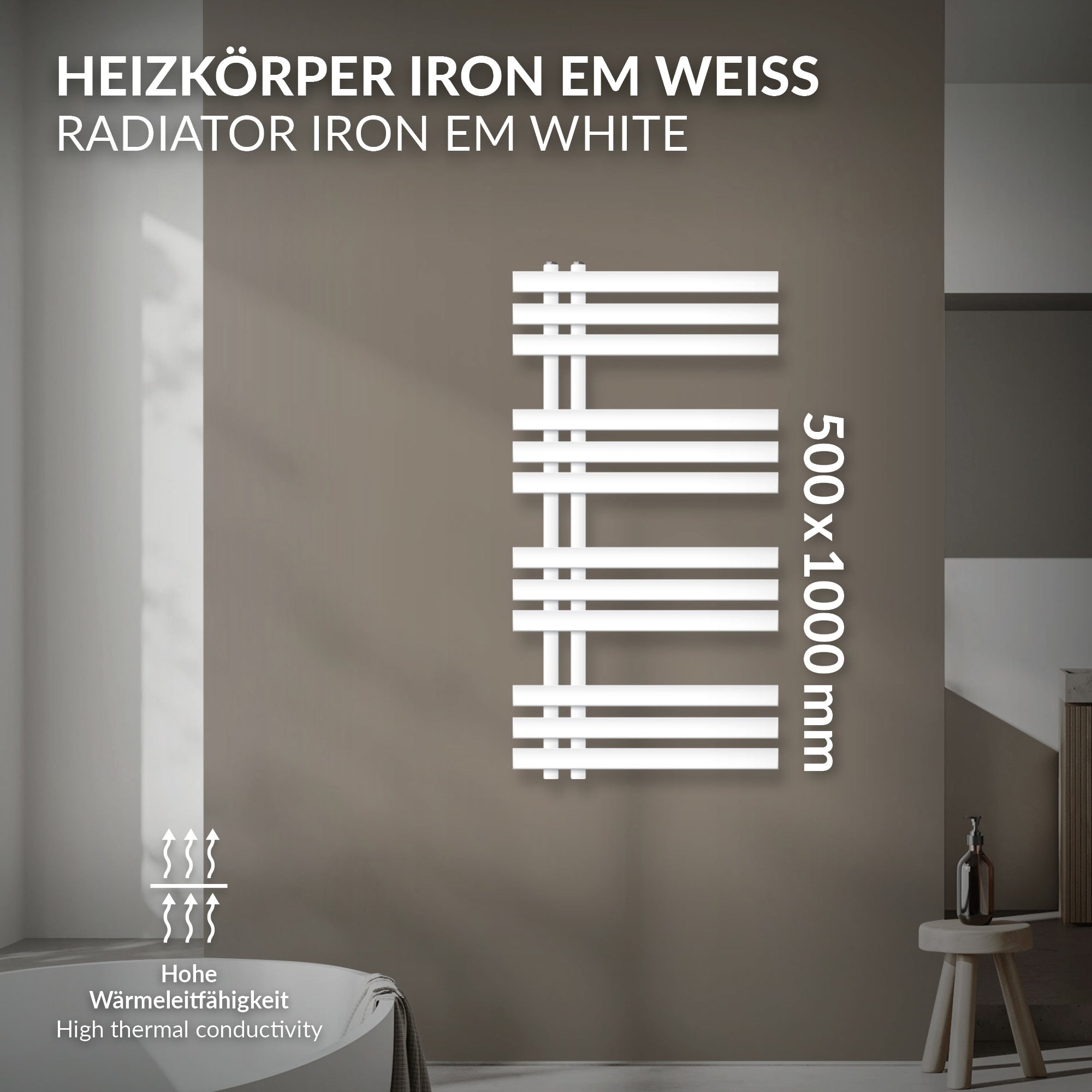 White radiator Iron EM with dimensions 500x1000 mm on a gray background.