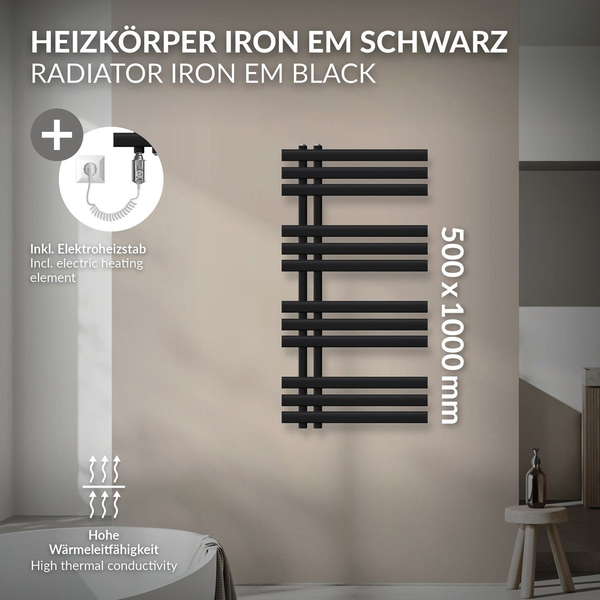 Black towel radiator with technical information and dimensions.