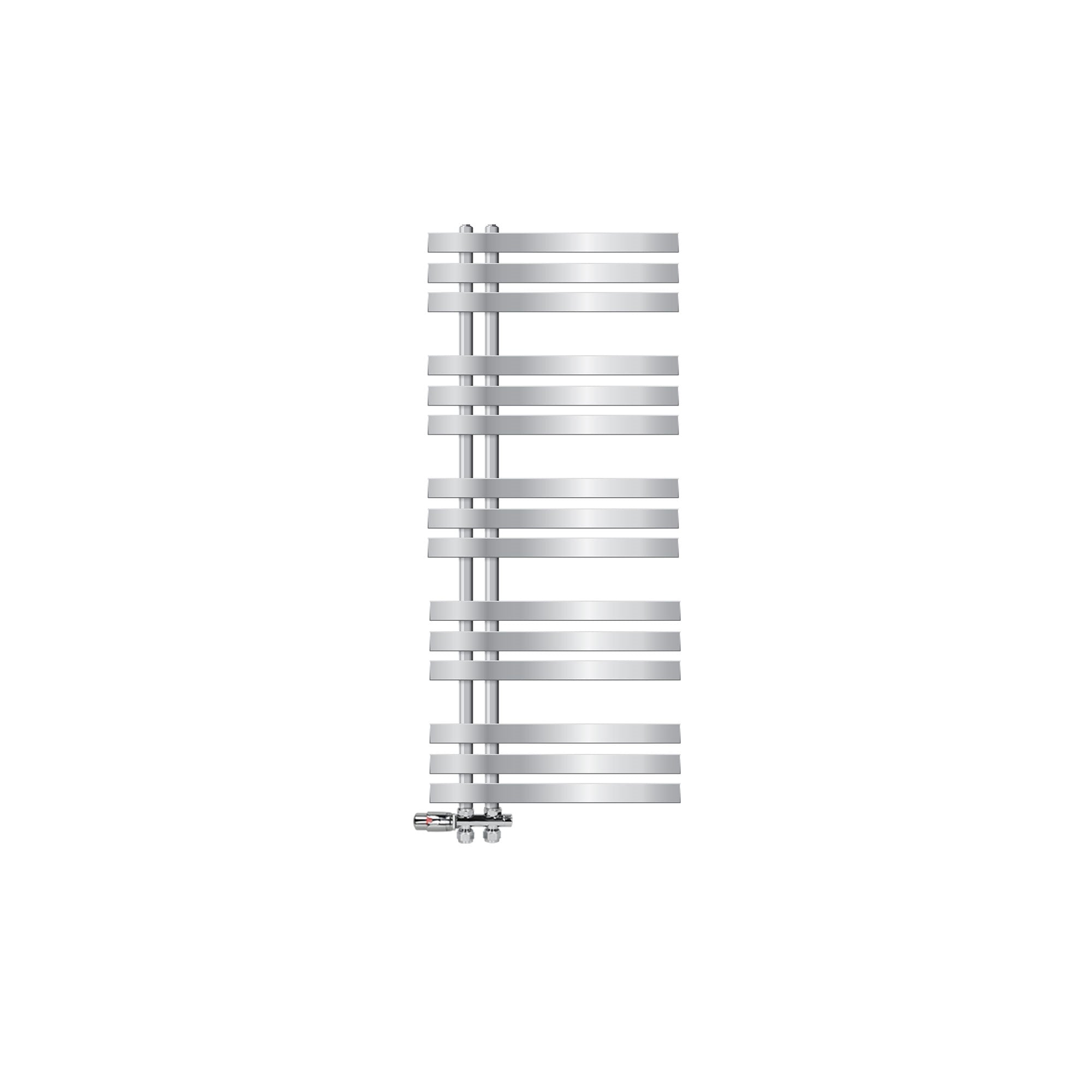 Radiator in chroom zonder achtergrond, horizontaal gemonteerd.