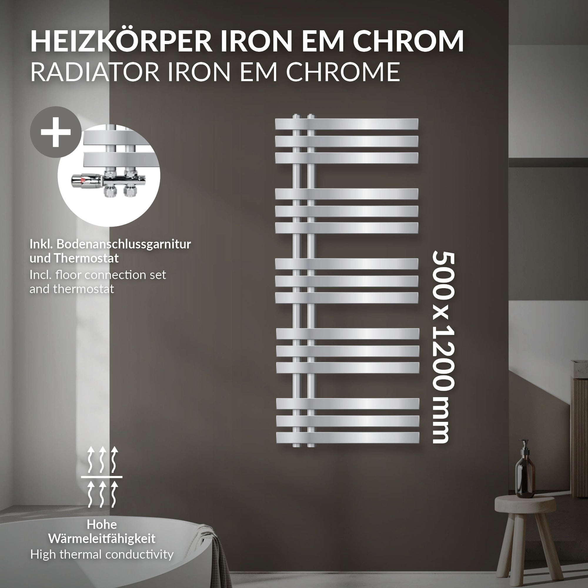 Radiator IRON EM chroom aan een muur, afmetingen 500x1200 mm.