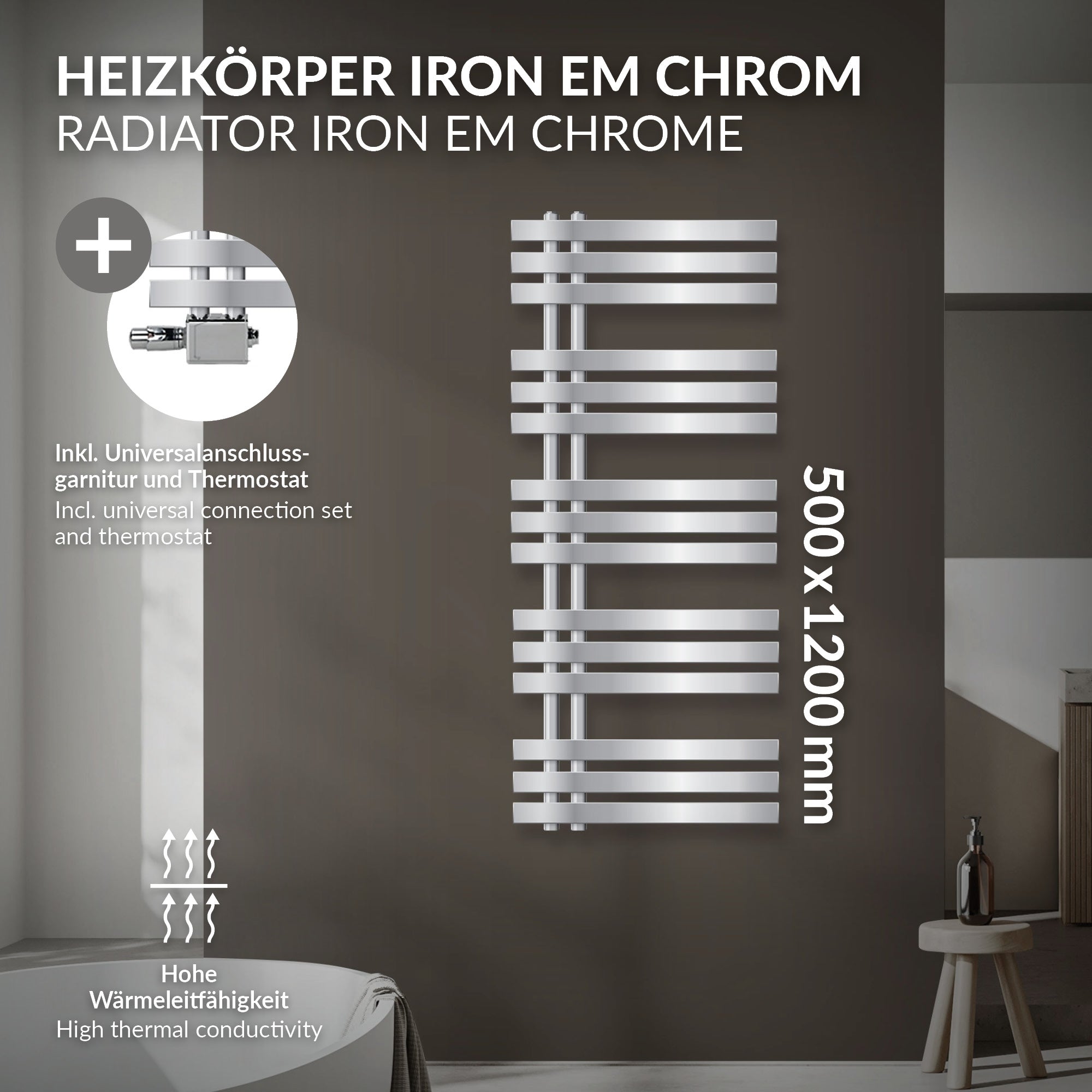 Heizkörper Iron EM in Chrom mit Anschluss und Thermostat, 500 x 1200 mm.