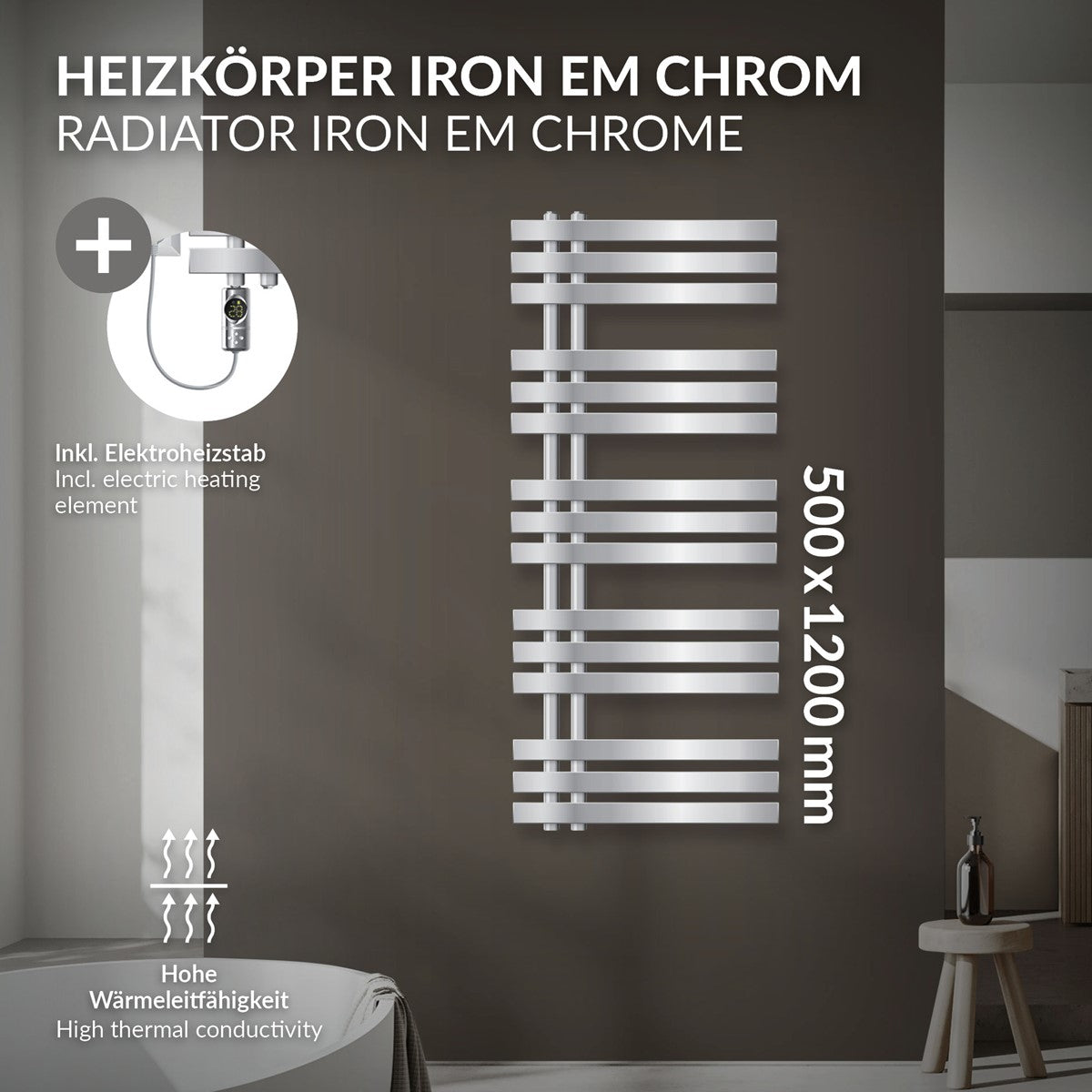 Radiador cromado con lamas horizontales, montado en vertical.