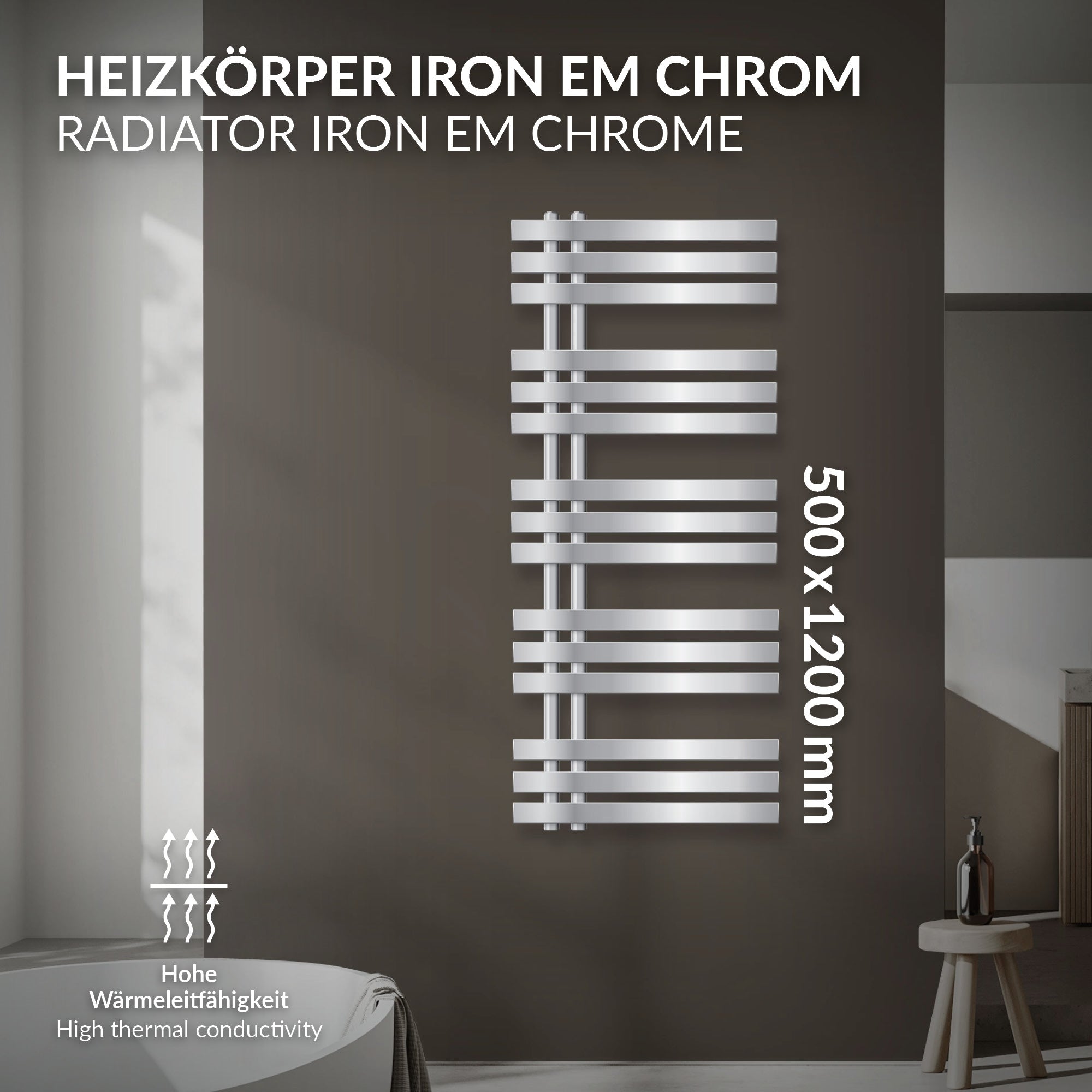 Chrome-colored radiator with horizontal and vertical bars on a wall.