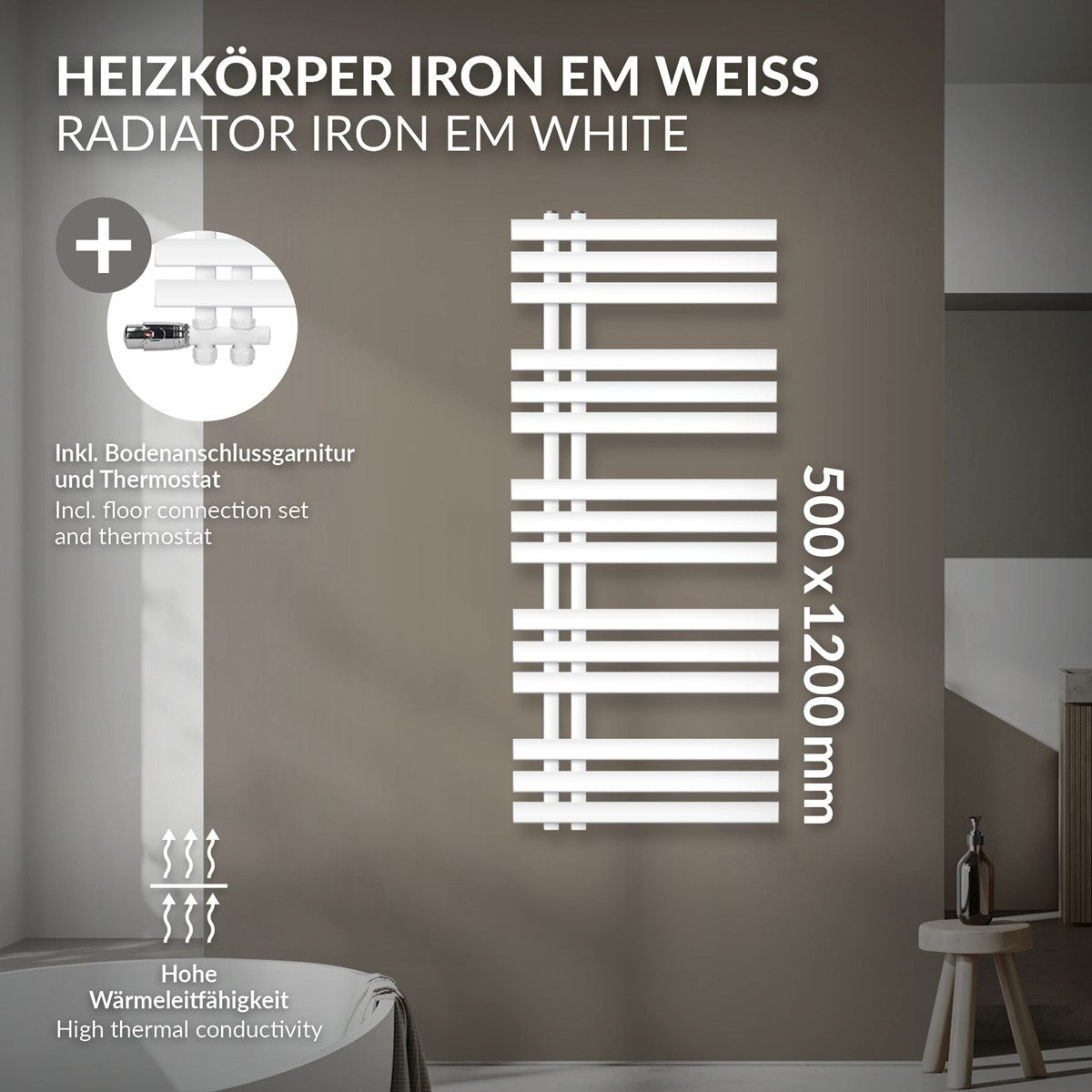 Weißer Heizkörper mit vertikalen und horizontalen Streifen, Maße 500x1200 mm.