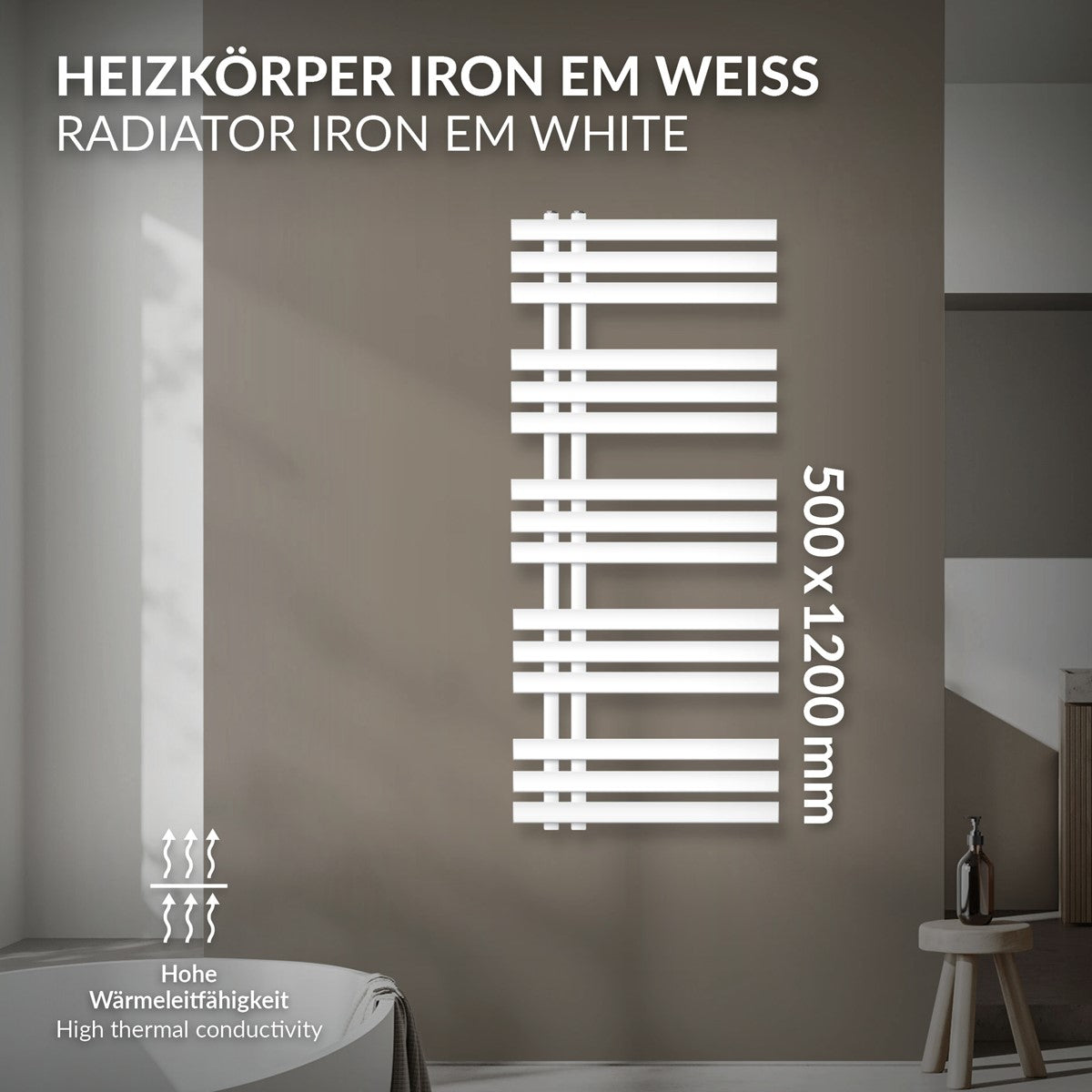 Hvid radiator med lodrette og vandrette striber, mål 500 × 1200 mm.