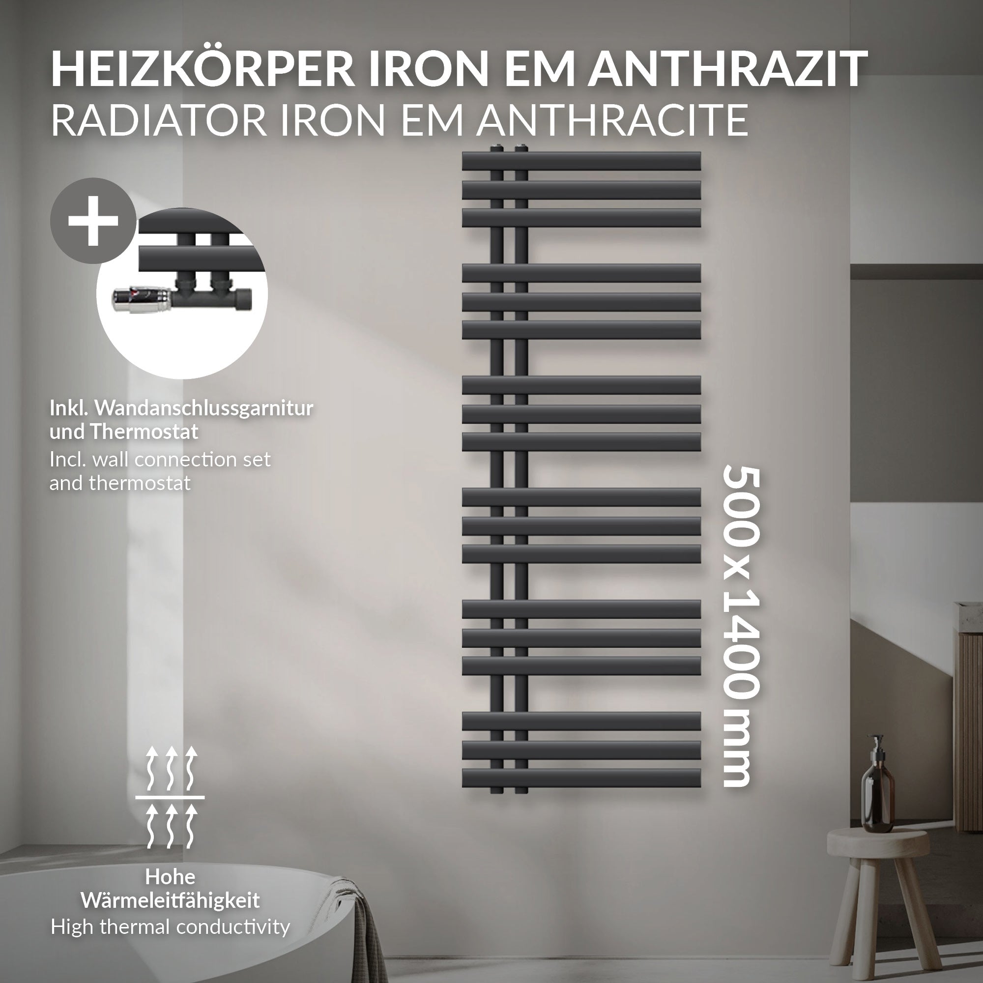 Anthrazitfarbener Heizkörper mit horizontalen Streben an einer Wand.