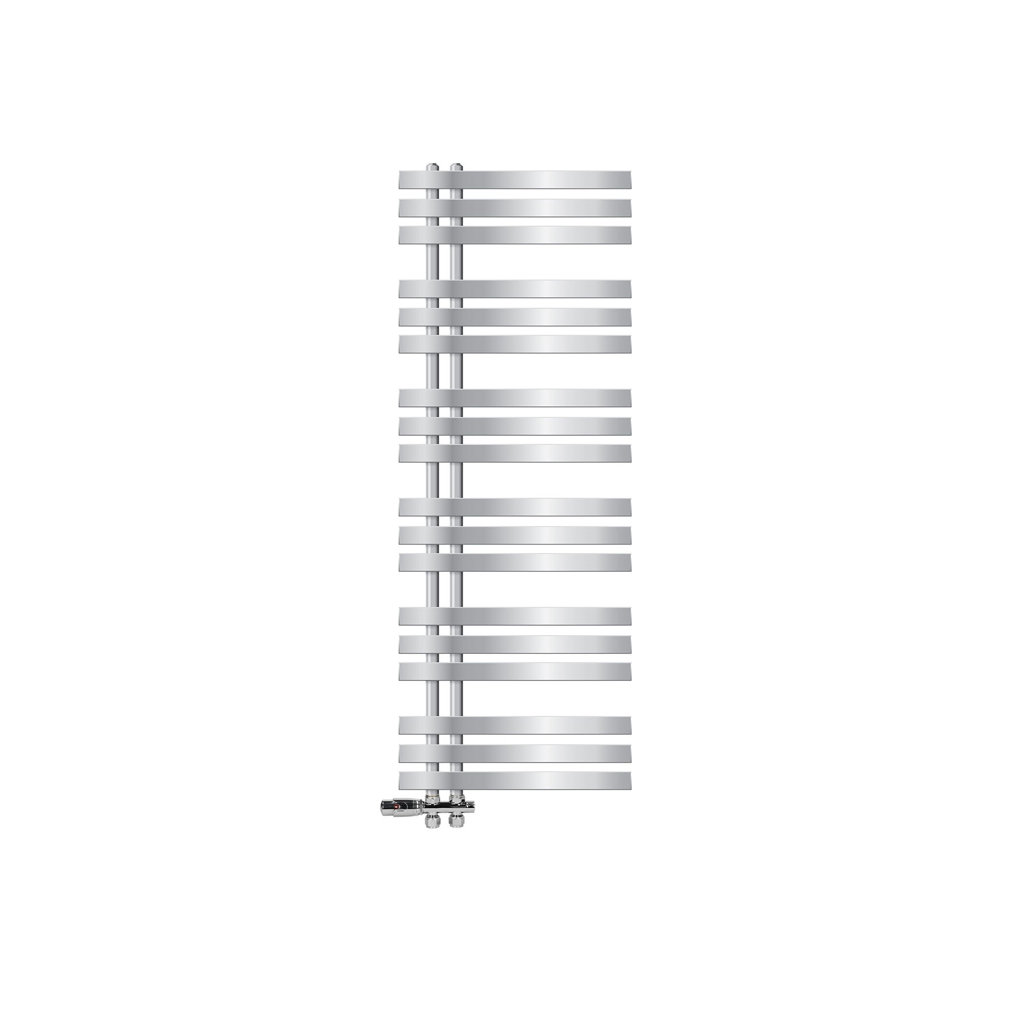 Chrome towel radiator with vertical and horizontal bars.