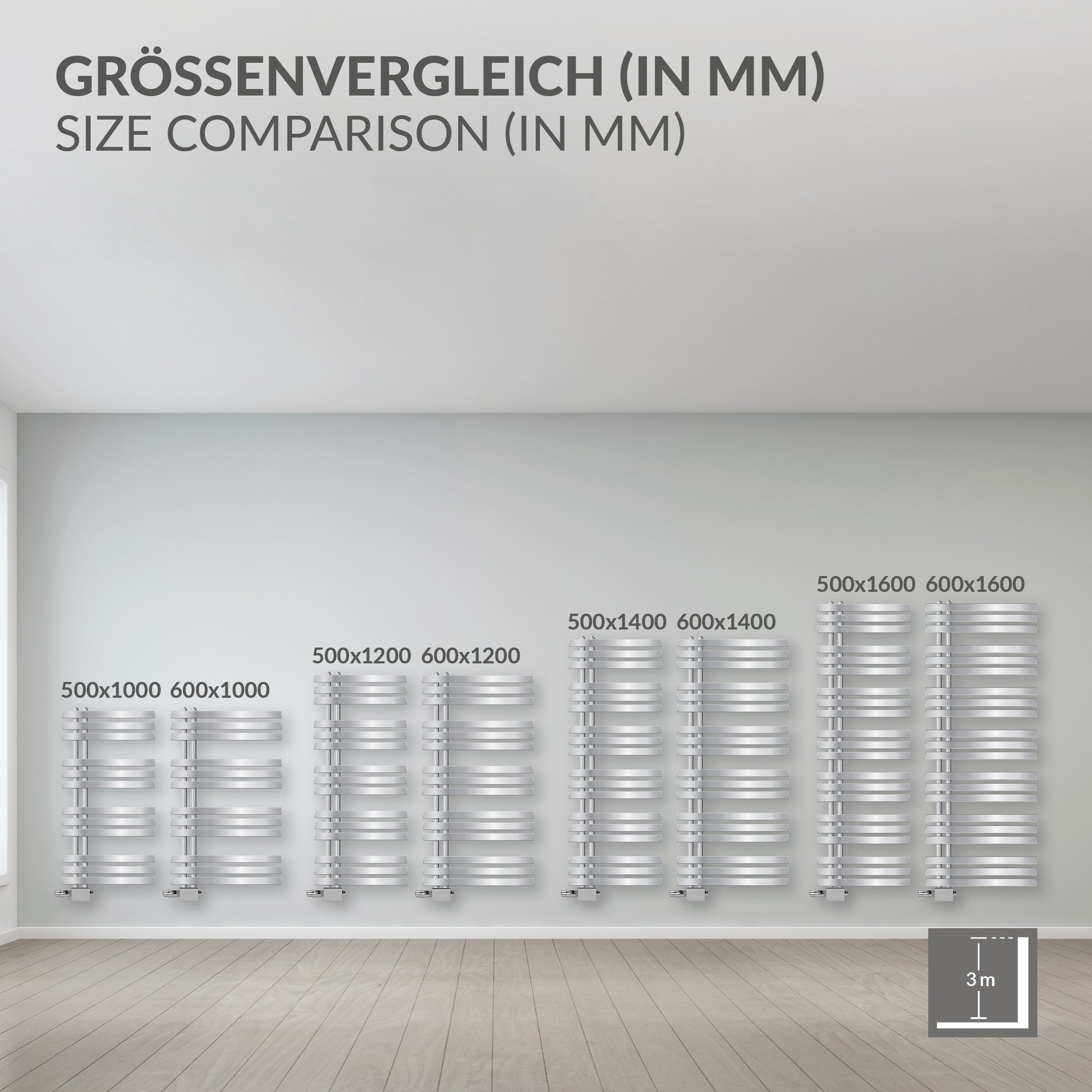 Chromfarbener Heizkörper mit mehreren horizontalen Röhren.