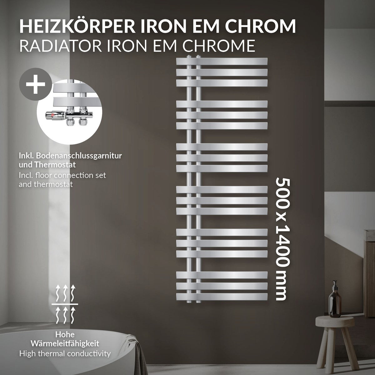 Kromfarvet håndklæderadiator med tekniske detaljer og mål.