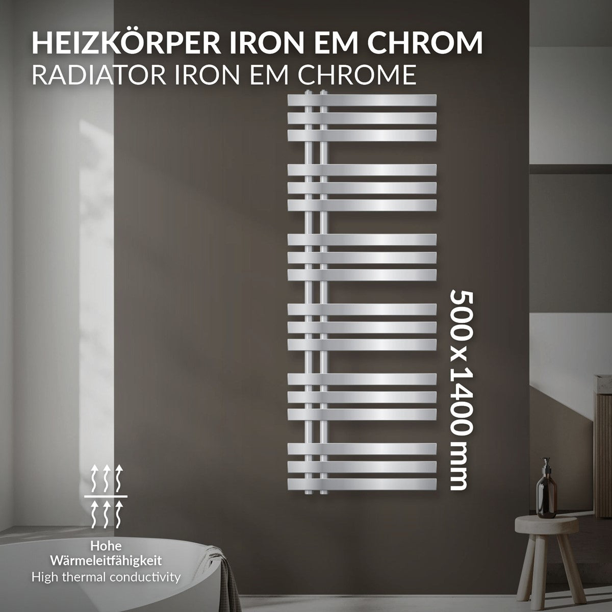 Heizkörper Iron EM Chrom an einer Wand, 500x1400 mm.