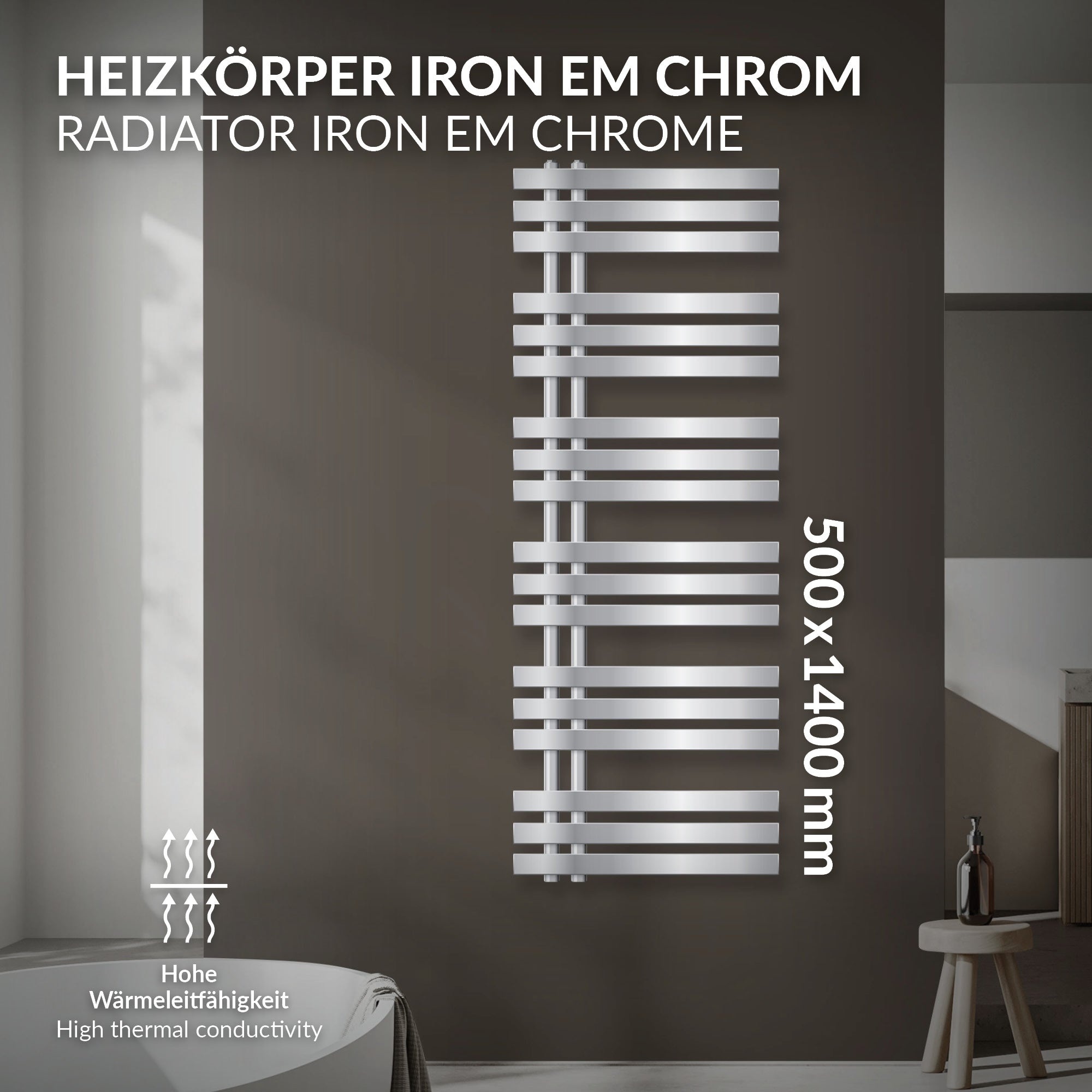 Heizkörper Iron EM Chrom an einer Wand, 500x1400 mm.
