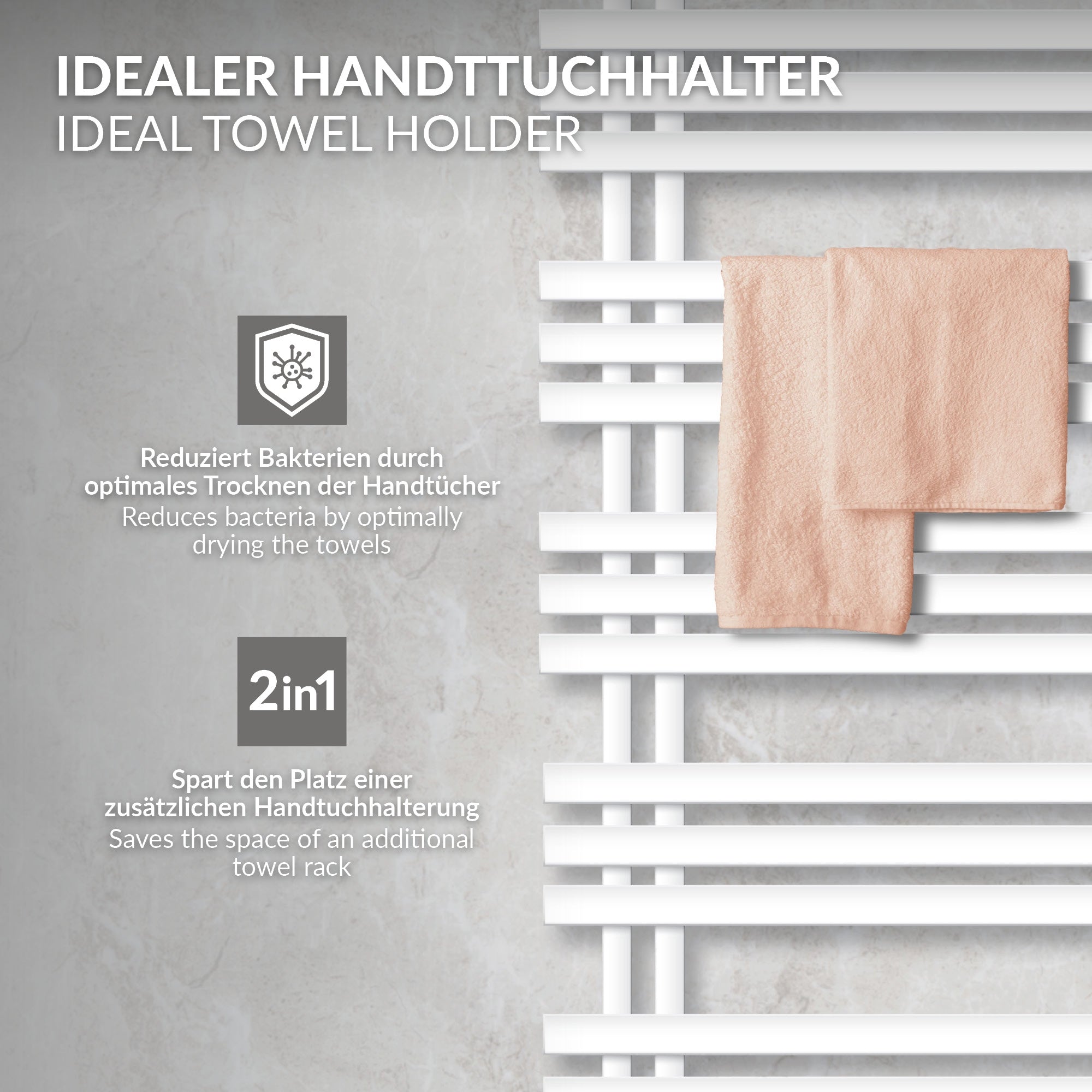Pyyhepidike, jossa kaksi pyyhettä vaalealla taustalla.
