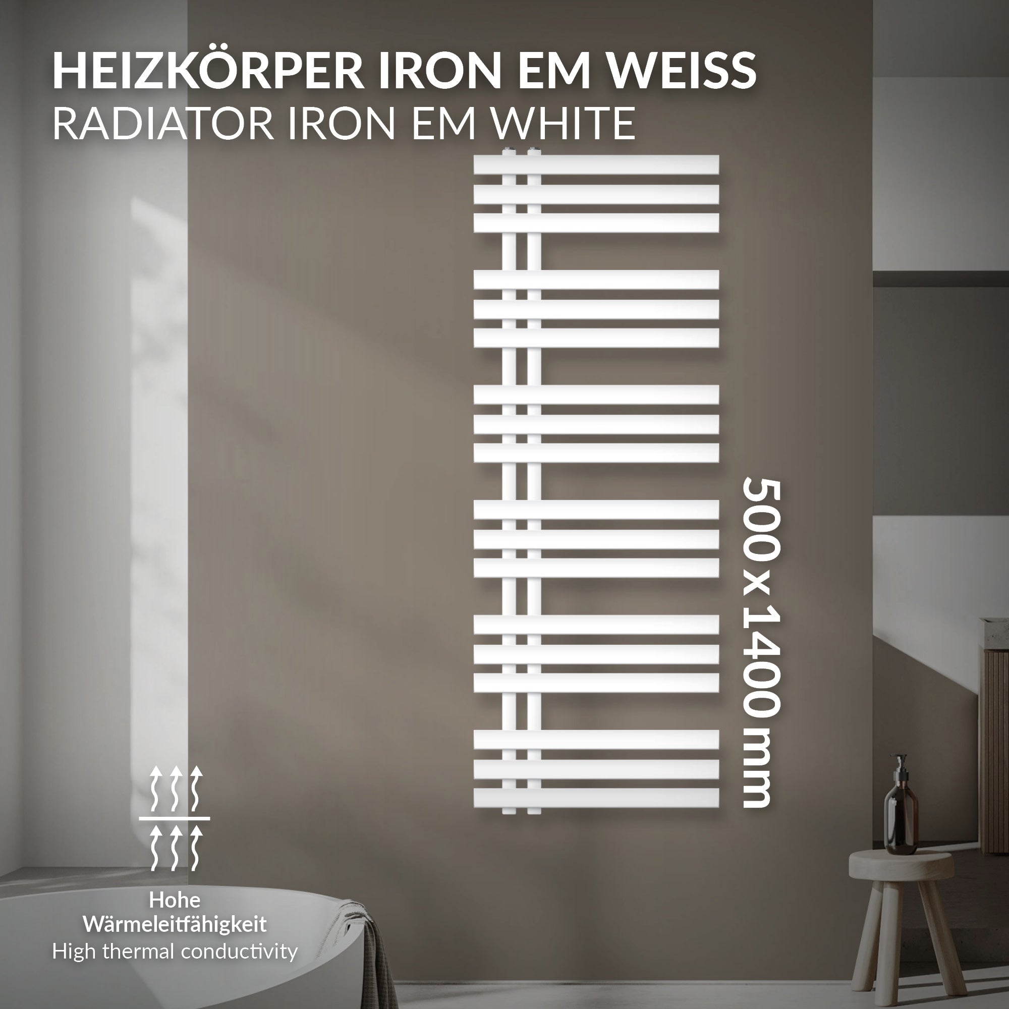 Weißer Heizkörper an einer Wand mit technischen Details.