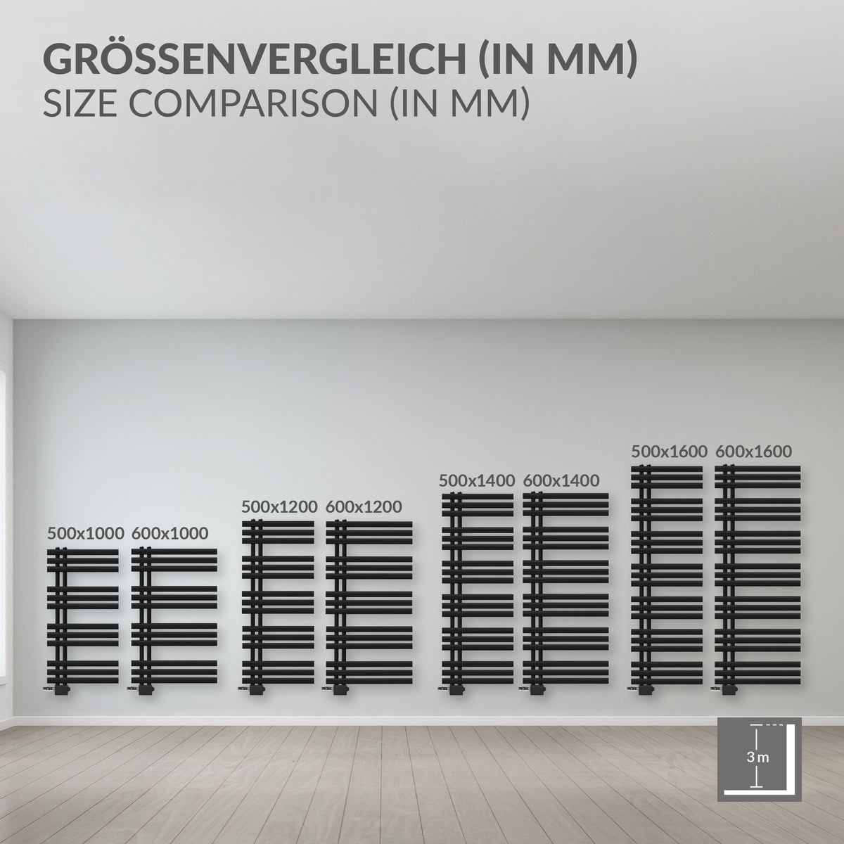 Schwarzer Heizkörper an einer Wand, mit Elektroanschluss sichtbar.