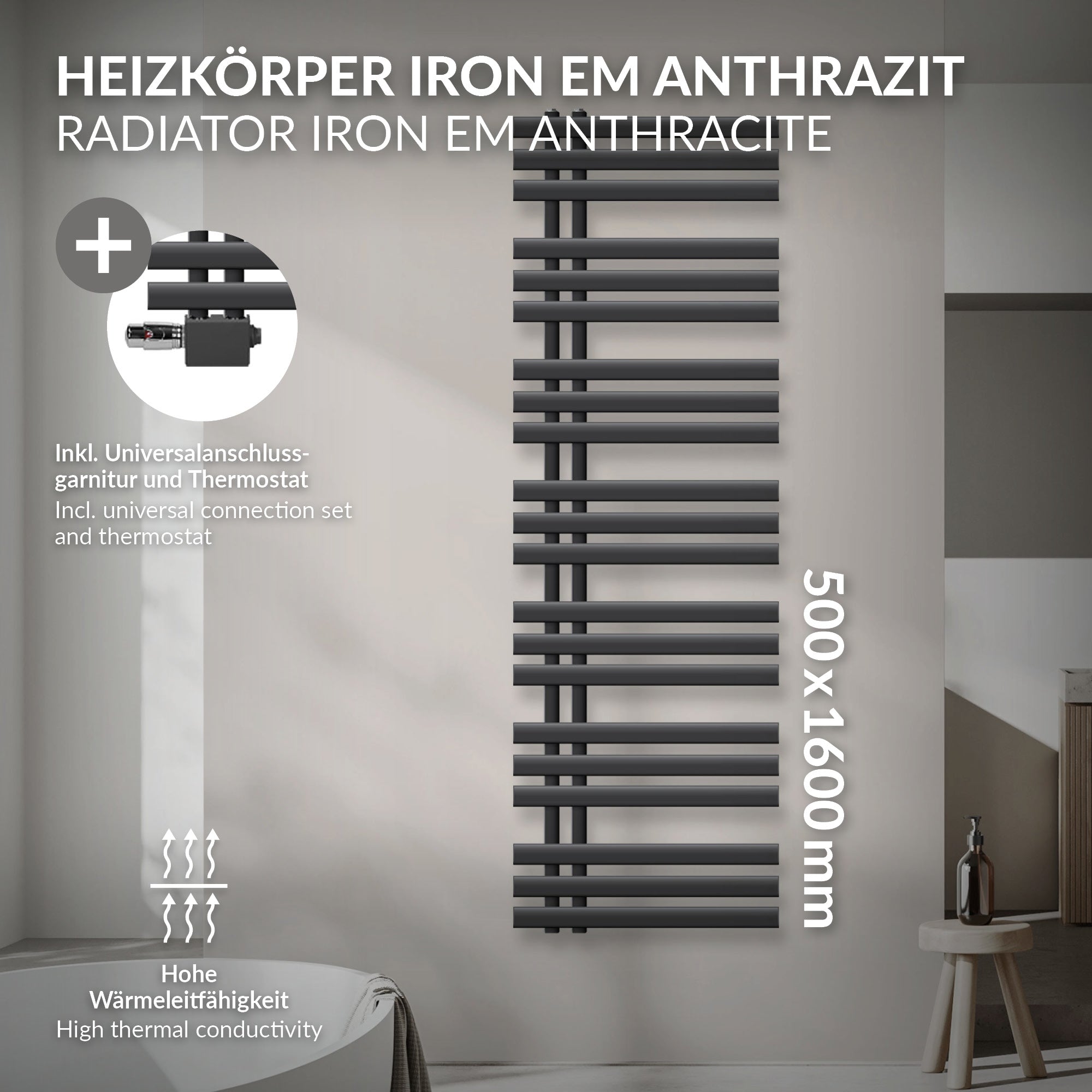 Heizkörper IRON EM in Anthrazit, 500x1600 mm, an einer Wand montiert.