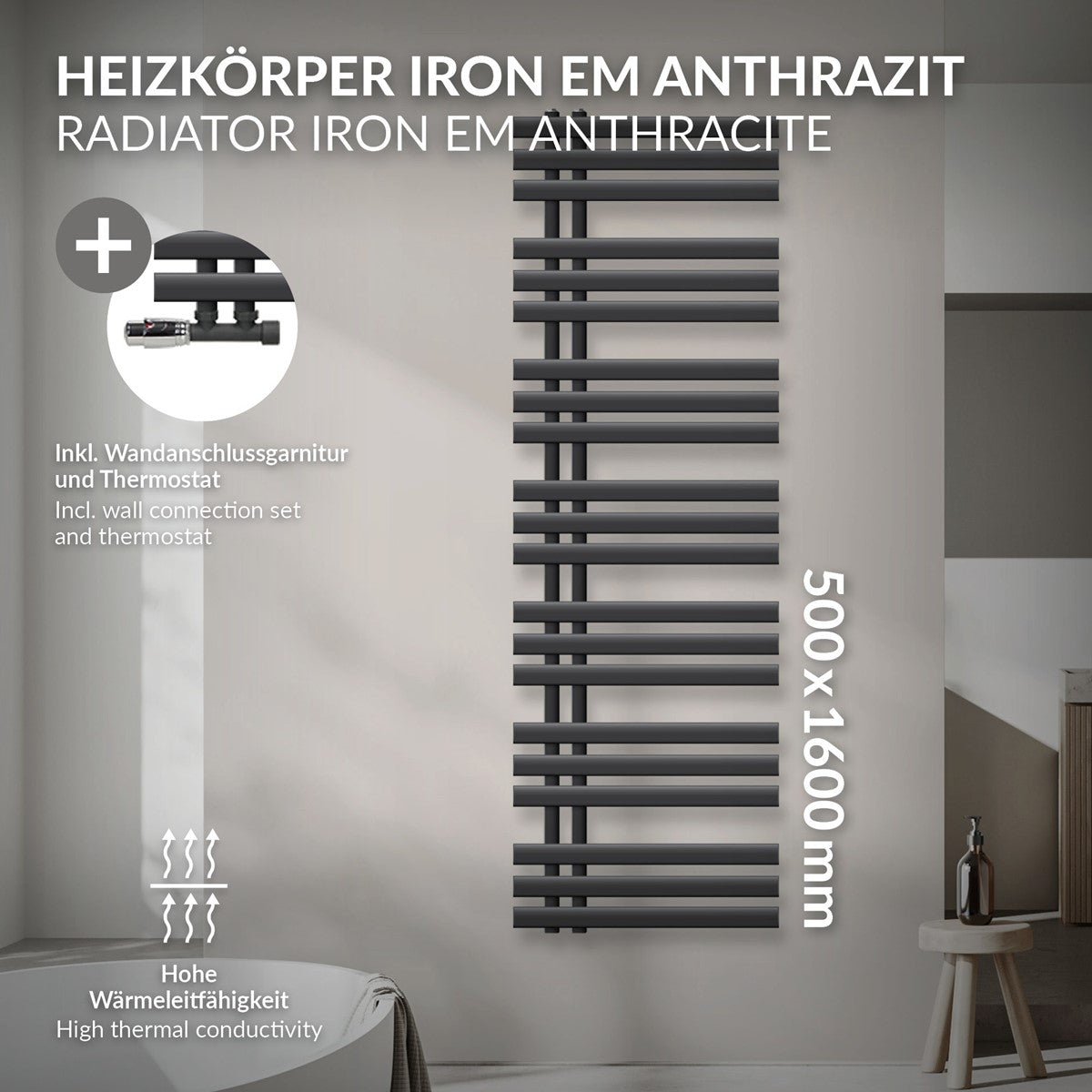 Anthrazitfarbener Handtuchhalter mit zwei Handtüchern.