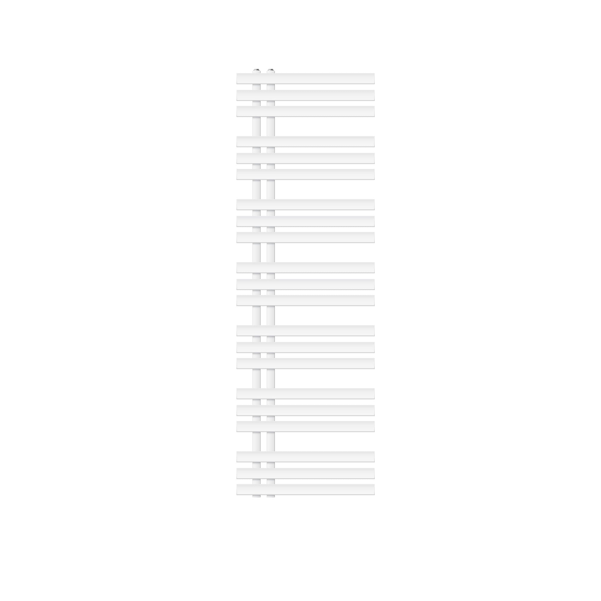 White radiator with horizontal bars on a white background.