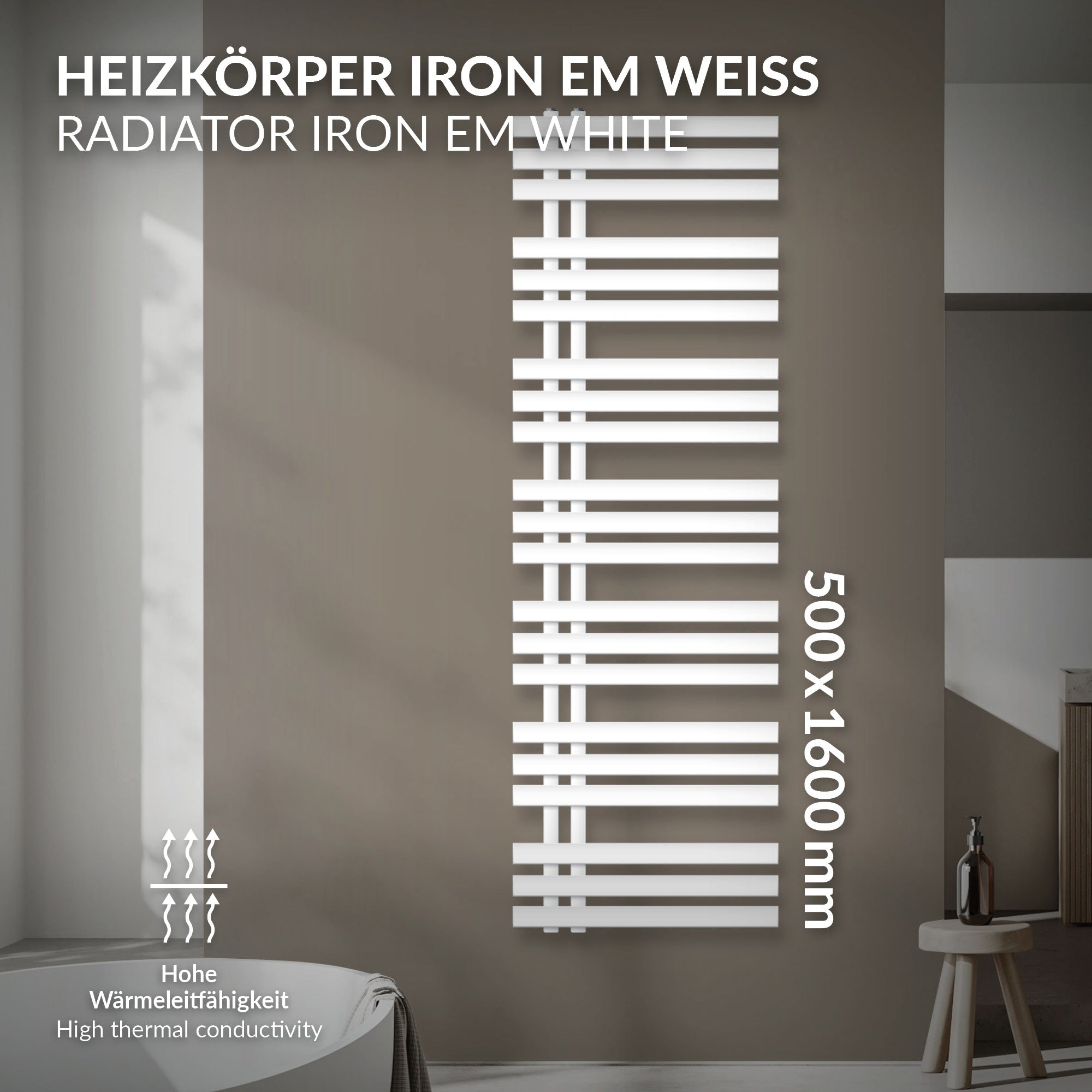 Weißer Heizkörper mit horizontalen Streifen, Maße 500x1600 mm.