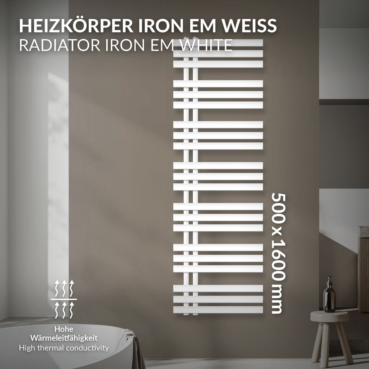 Weißer Heizkörper mit horizontalen Streifen, Maße 500x1600 mm.