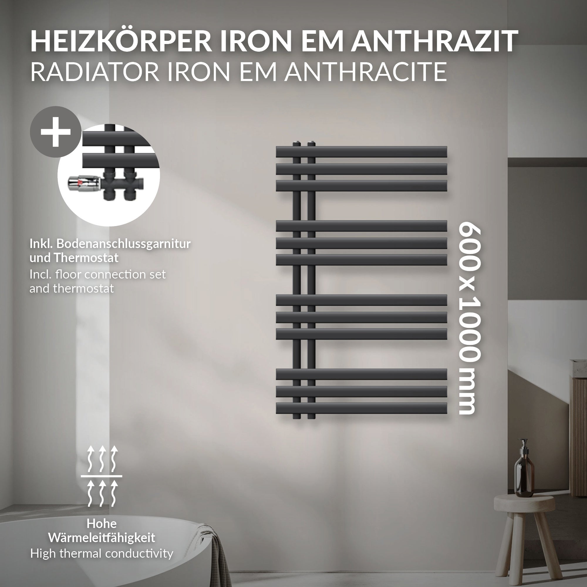 Antracit Iron EM radiátor, méretei 600 x 1000 mm.
