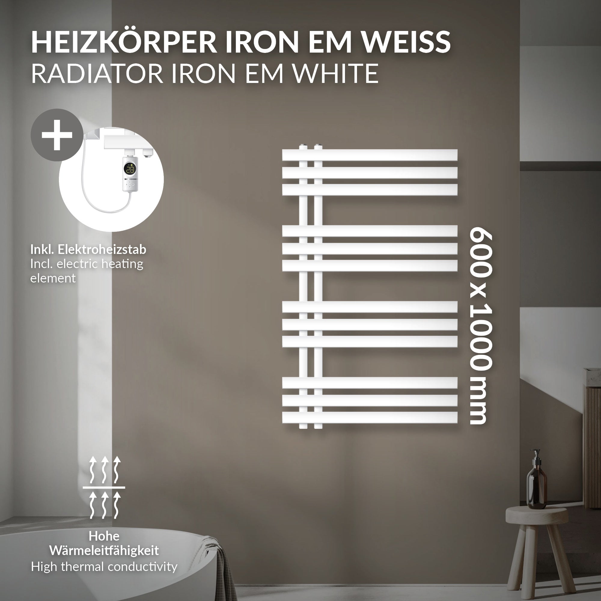 Weißer Heizkörper mit horizontalen und vertikalen Streben, Maße 600x1000 mm.