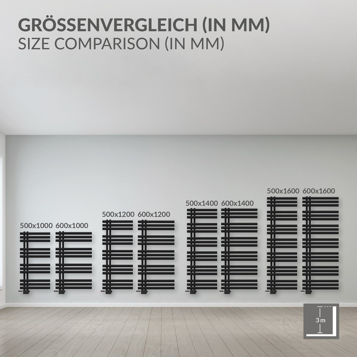 Schwarzer Heizkörper mit mehreren horizontalen Röhren an einer Wand.