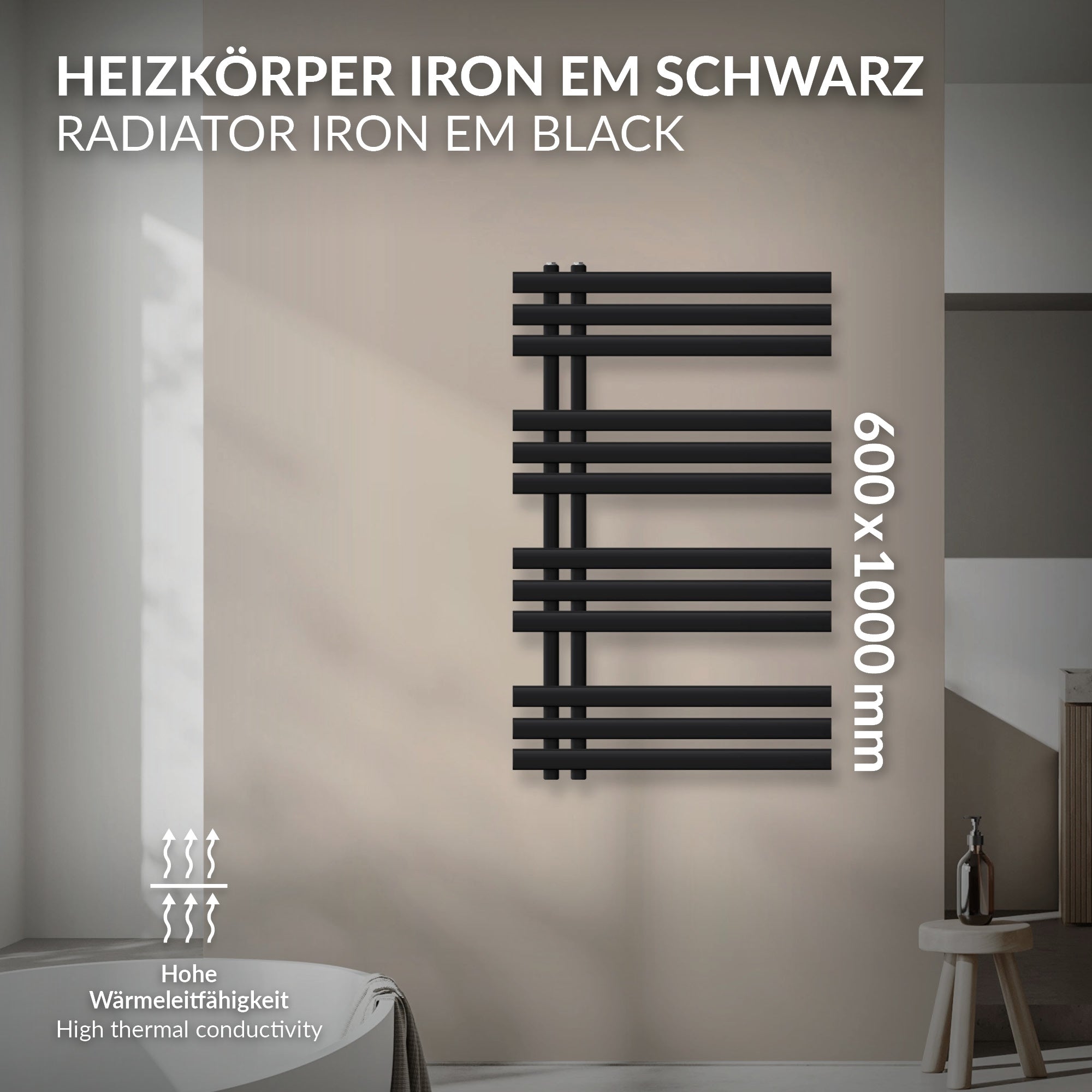 Radiador Iron EM en negro, 600x1000 mm, frente a una pared.