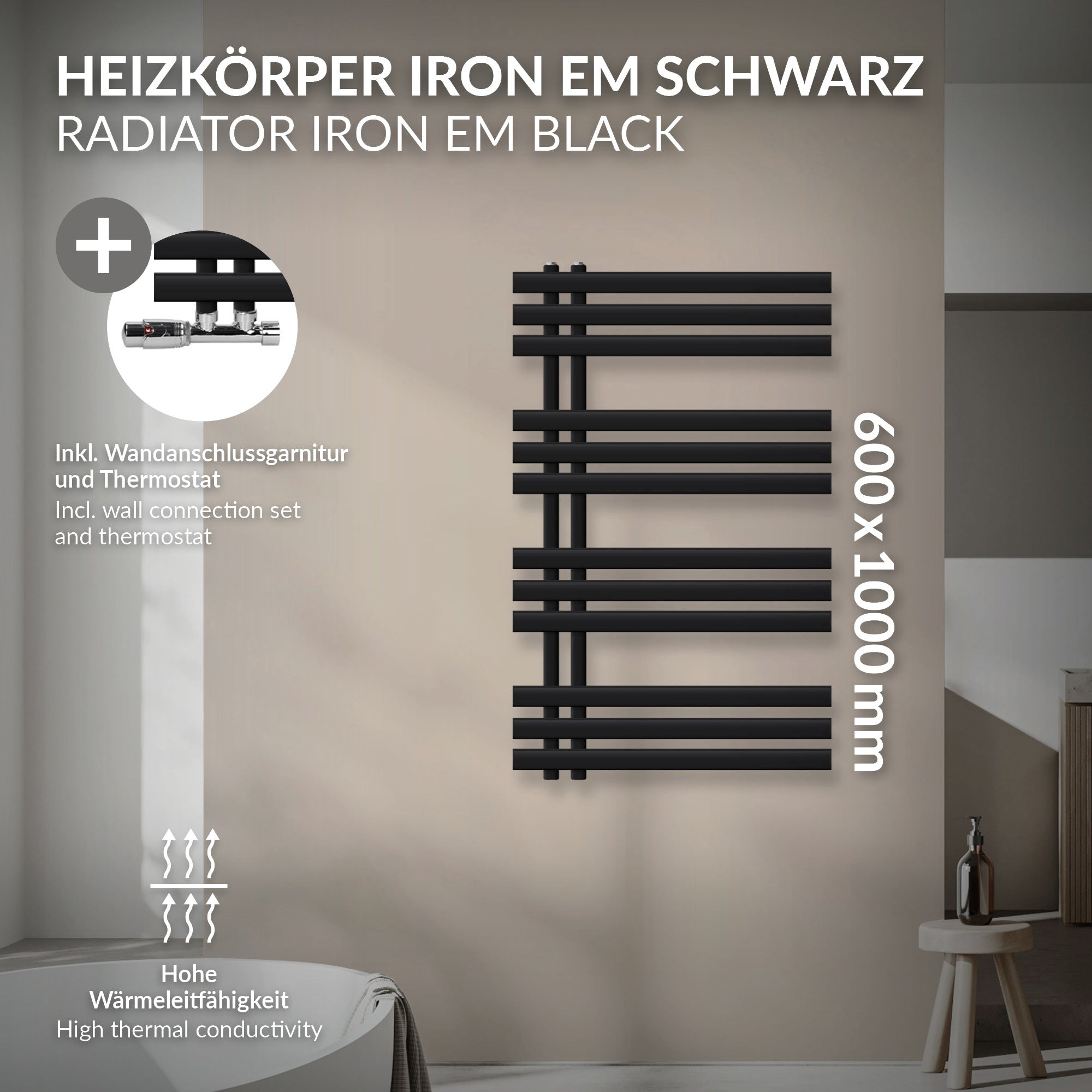 Sort radiator med vægtilslutning og termostat, 600x1000 mm.
