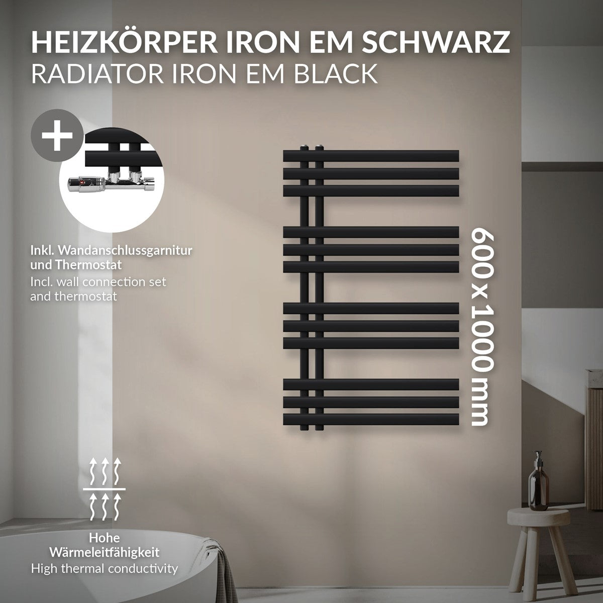 Fekete radiátor fali csatlakozással és termosztáttal, 600 × 1000 mm.