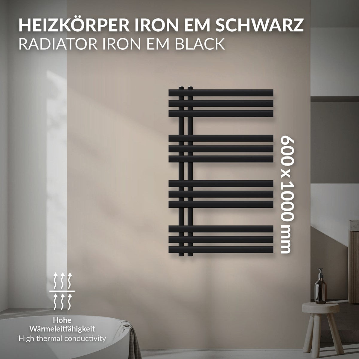 Heizkörper Iron EM in schwarz, 600x1000 mm, vor einer Wand.