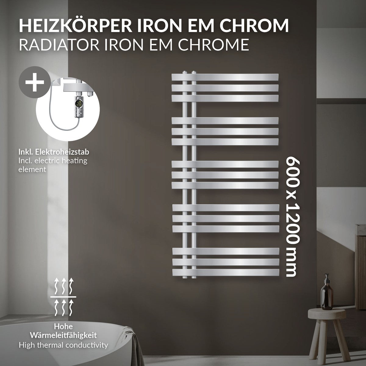 Kromfarvet radiator med oplysninger om varmeledningsevne.