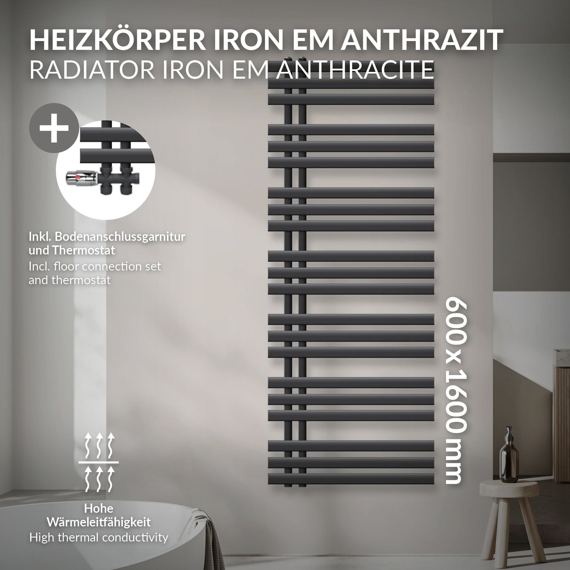Antracit színű radiátor vízszintes és függőleges csövekkel, méretek 600x1600 mm.