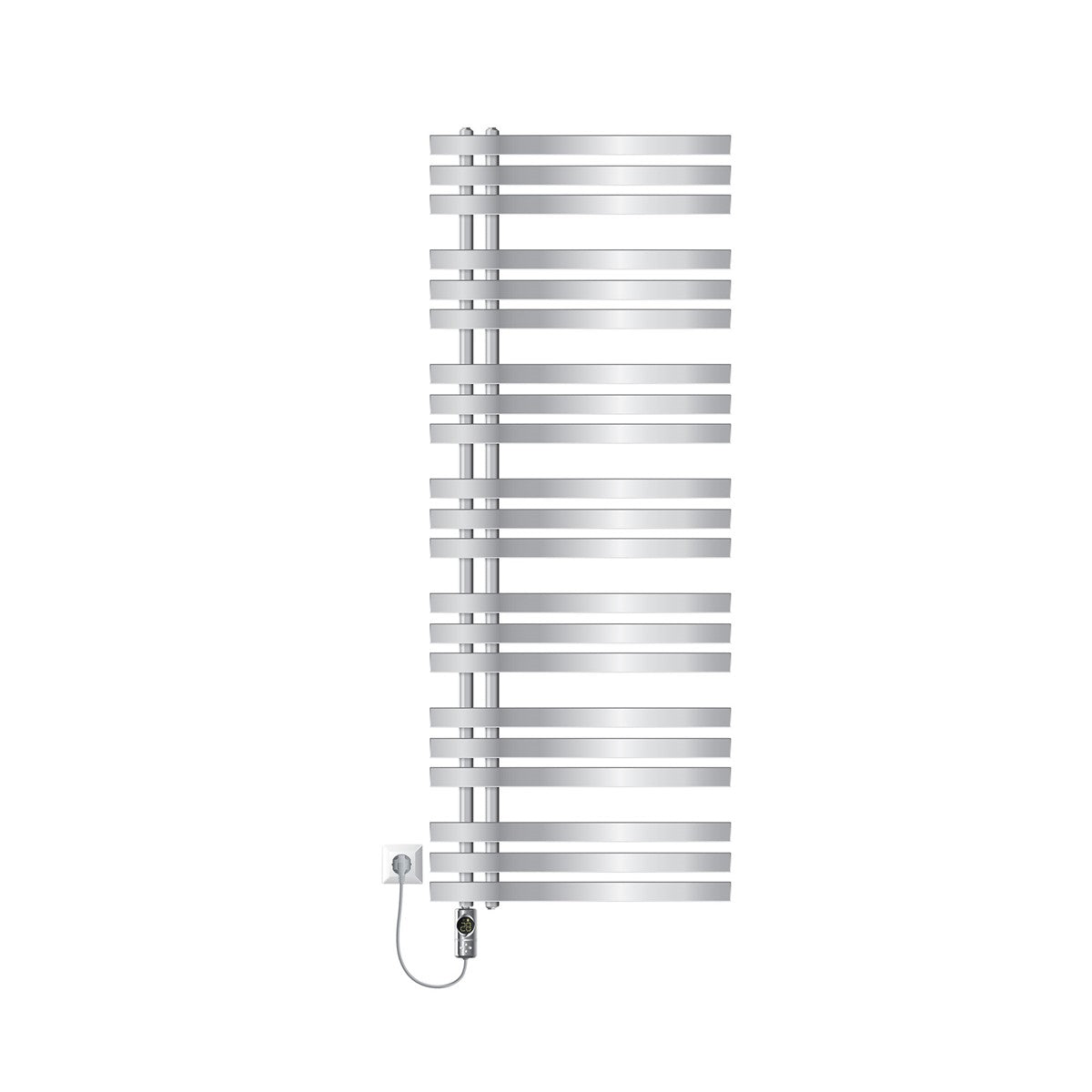 Radiator IRON EM i krom, fritstående med termostat, mål 600 × 1600 mm.