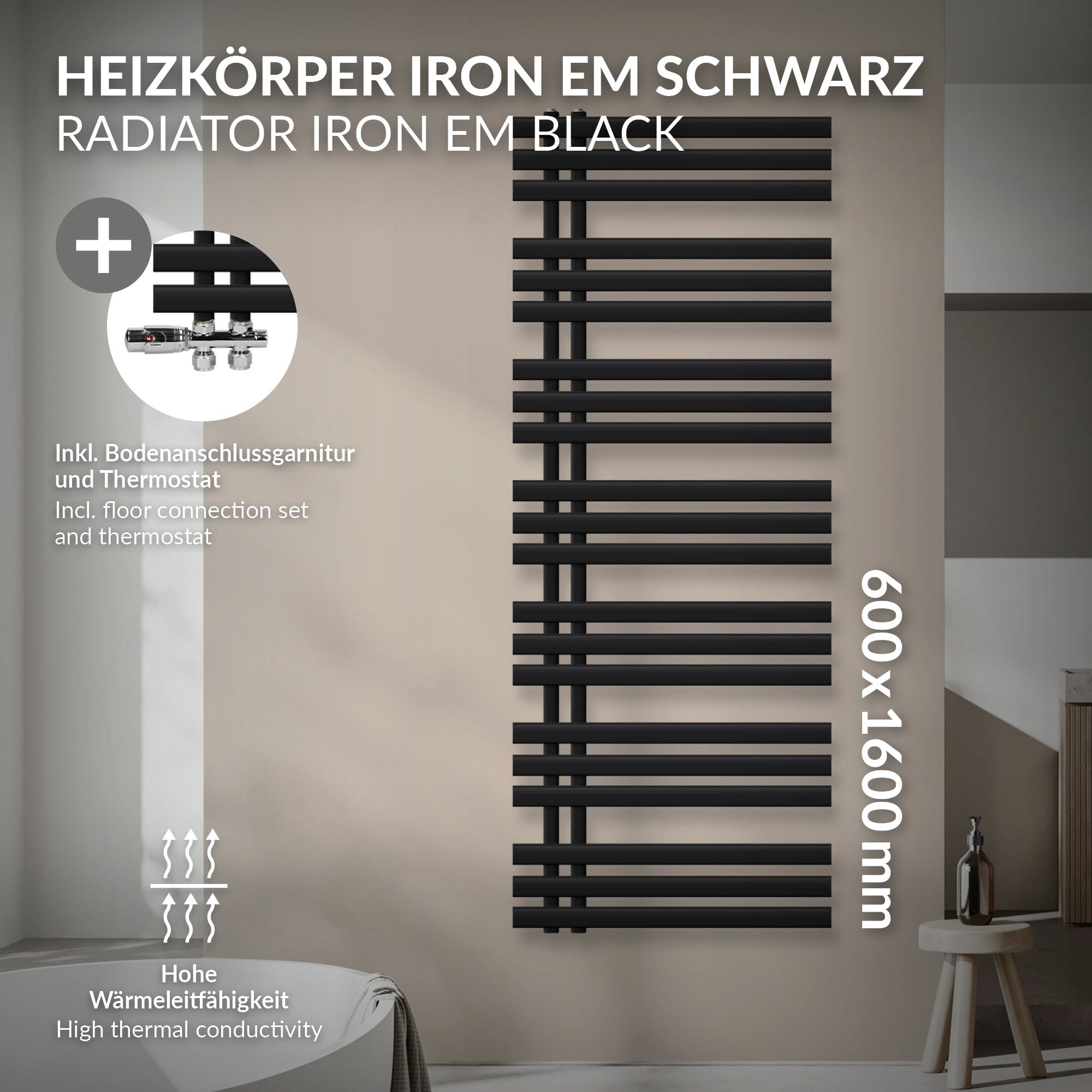 Heizkörper Iron EM Schwarz, 600x1600 mm, mit Zubehör und Thermostat.