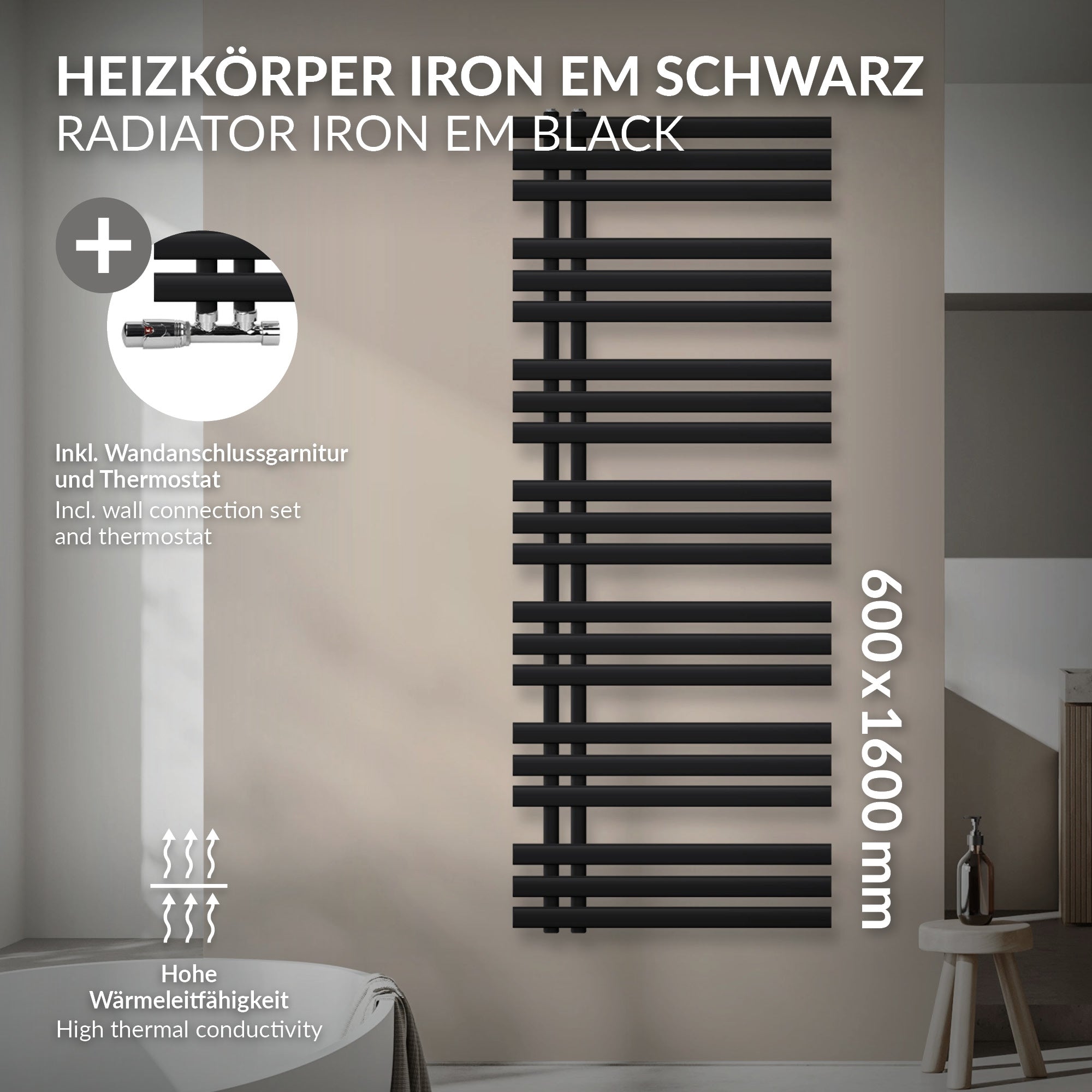 Schwarzer Heizkörper mit Wandanschluss und Thermostat, 600x1600 mm.