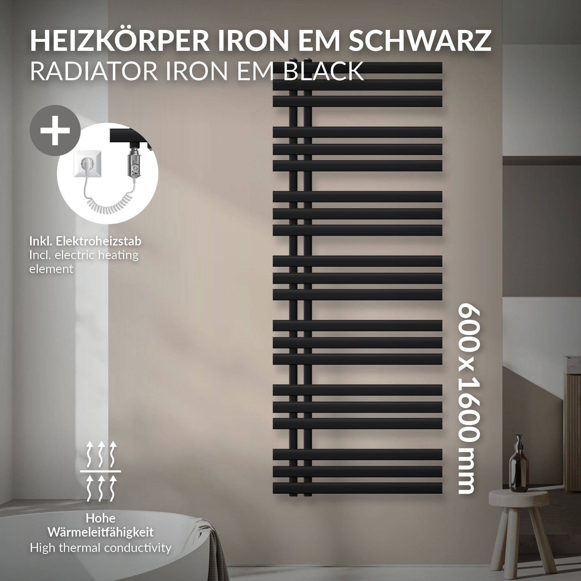 Schwarzer Heizkörper mit elektrischen Elementen, Maße 600x1600 mm.