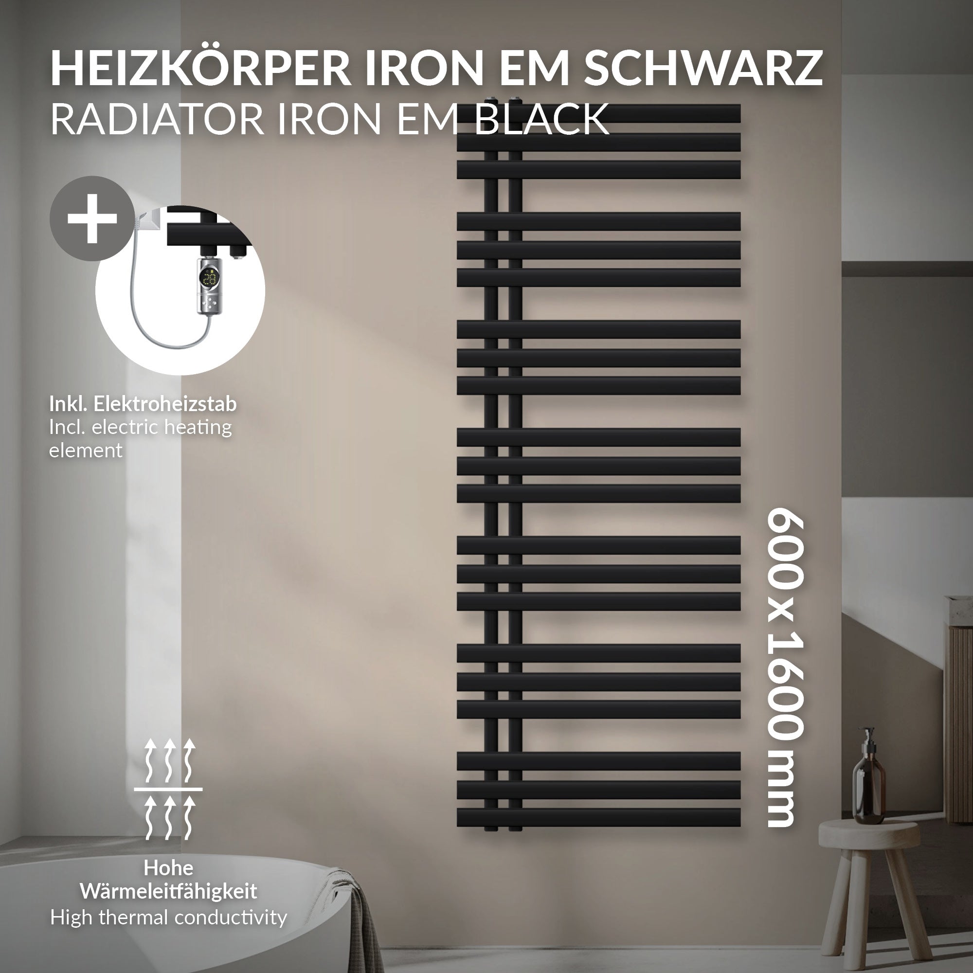 Heizkörper Iron EM Schwarz, 600x1600 mm, mit elektrischem Heizstab.