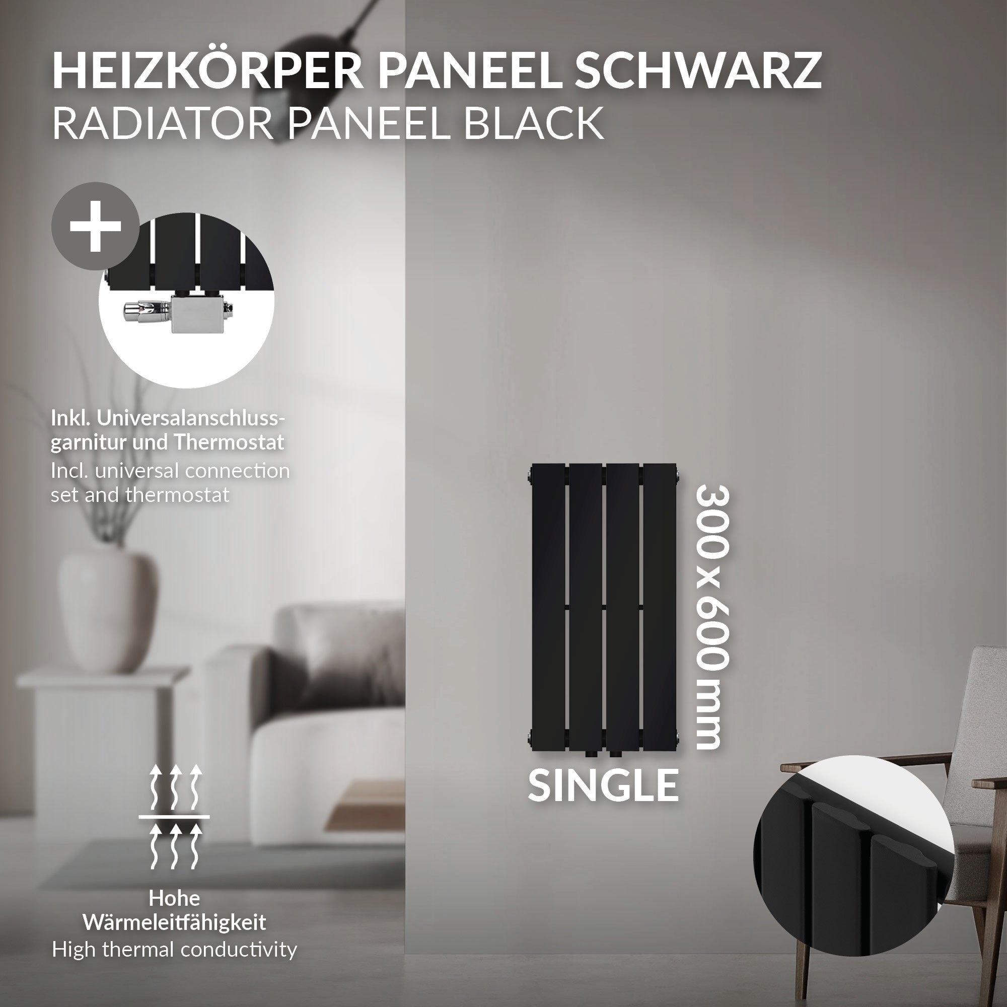 Black radiator panel with dimensions 300x600 mm.