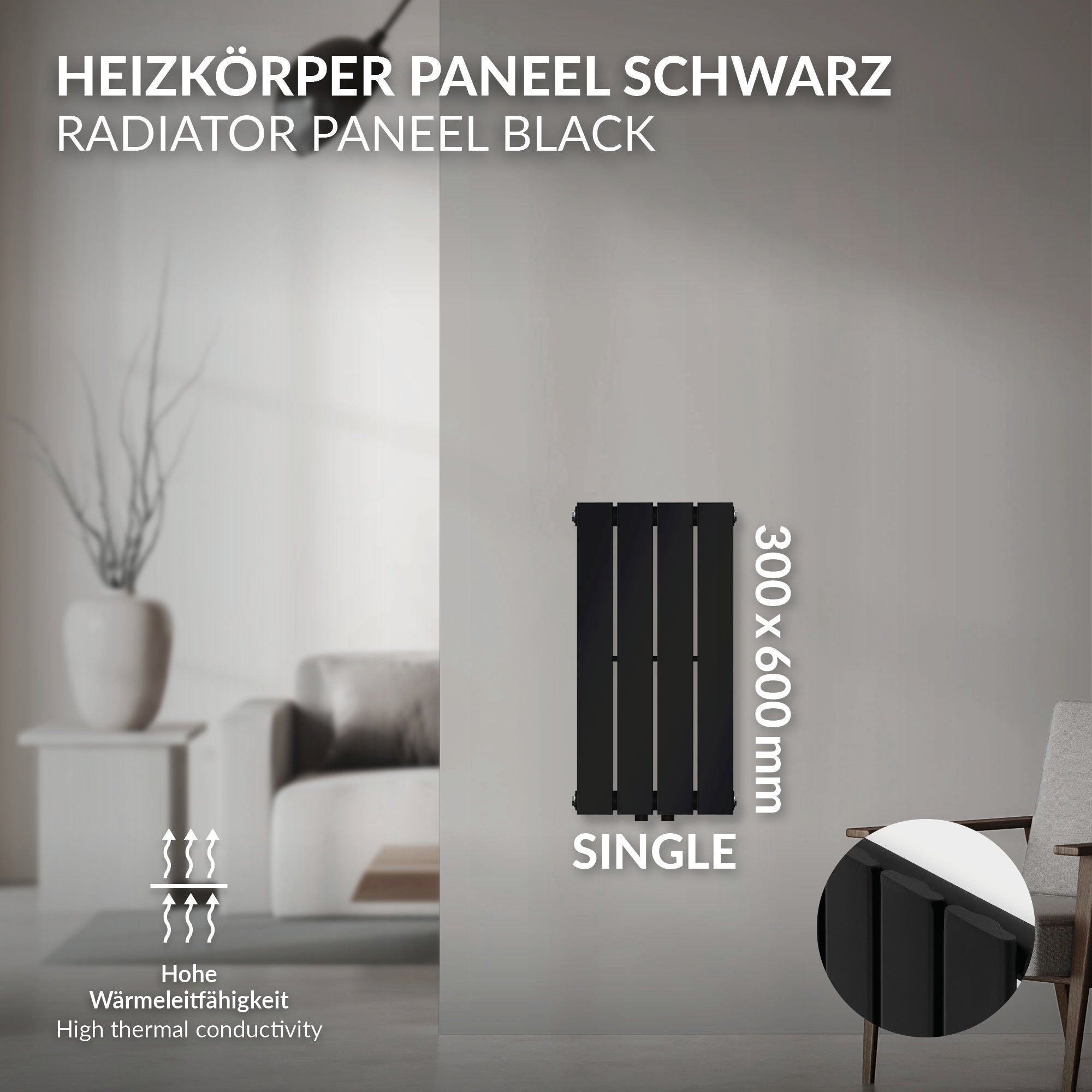 Fekete radiátorpanel 300x600 mm mérettel a falon.