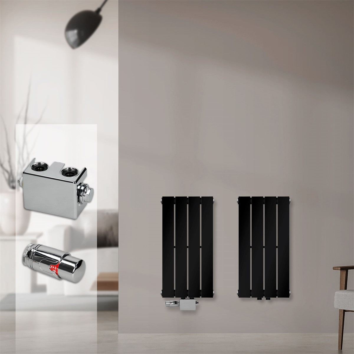 Două panouri de radiator negre pe un perete, cu accesorii în prim-plan.