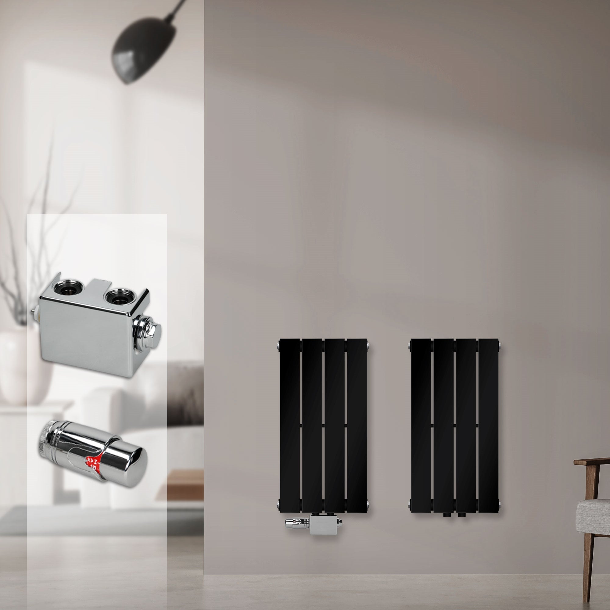 Two black radiator panels on a wall, with accessories in the foreground.