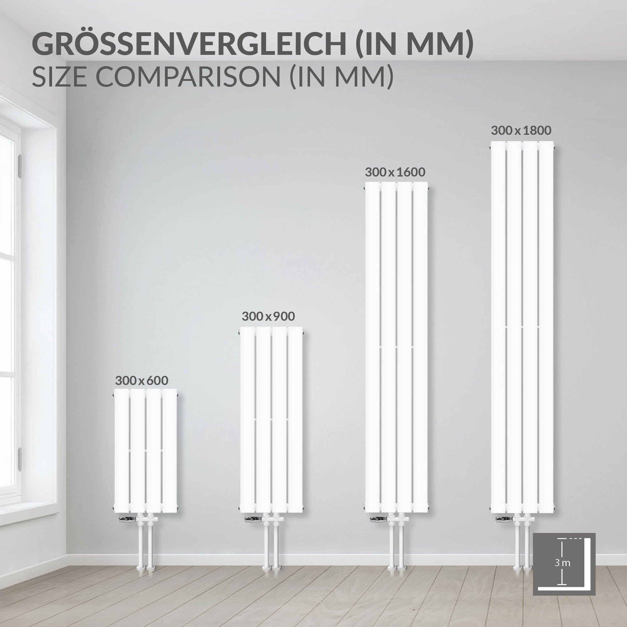 Hvidt radiatorpanel på en væg, mål 300x900 mm.