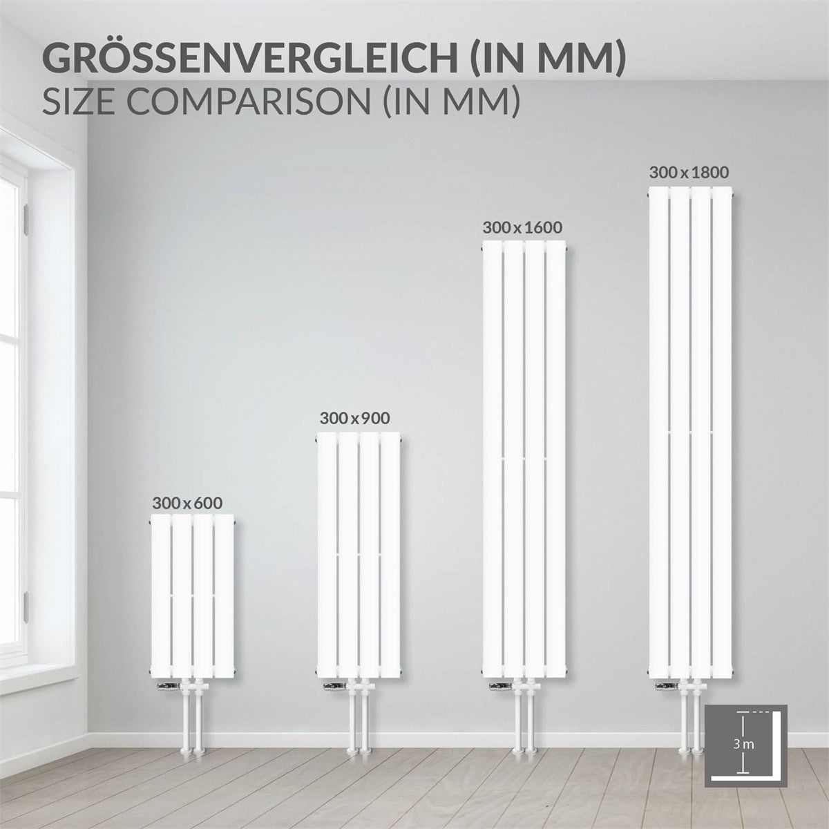 Hvidt varmepanel på en væg, mål 300 × 900 mm.