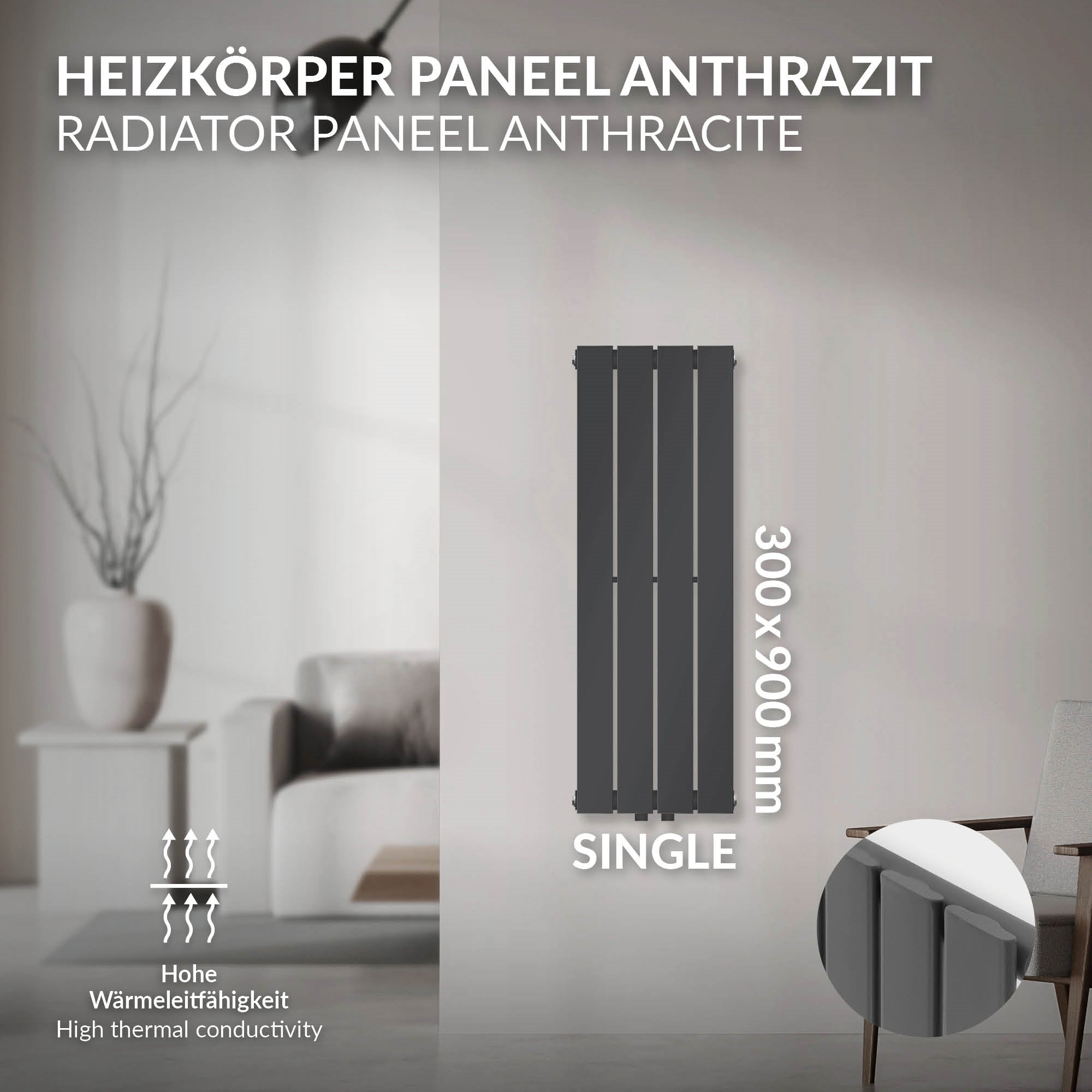 Anthrazitfarbenes Heizkörperpaneel mit vertikalen Lamellen.