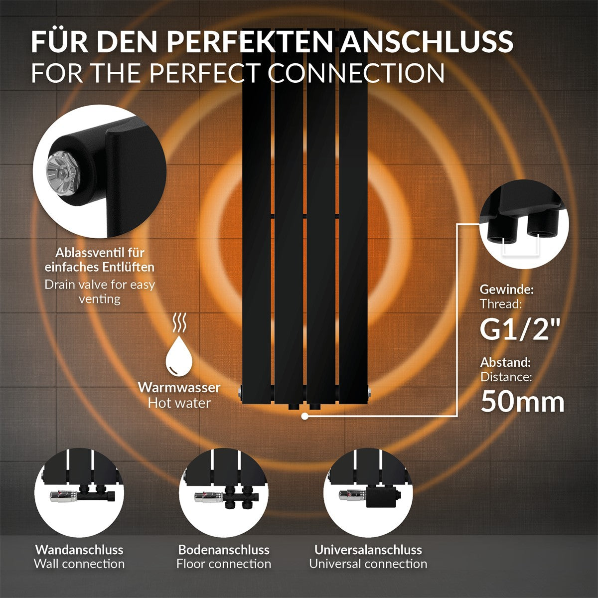 Schwarzes Heizkörperpaneel mit Abmessungen 300x900 mm.