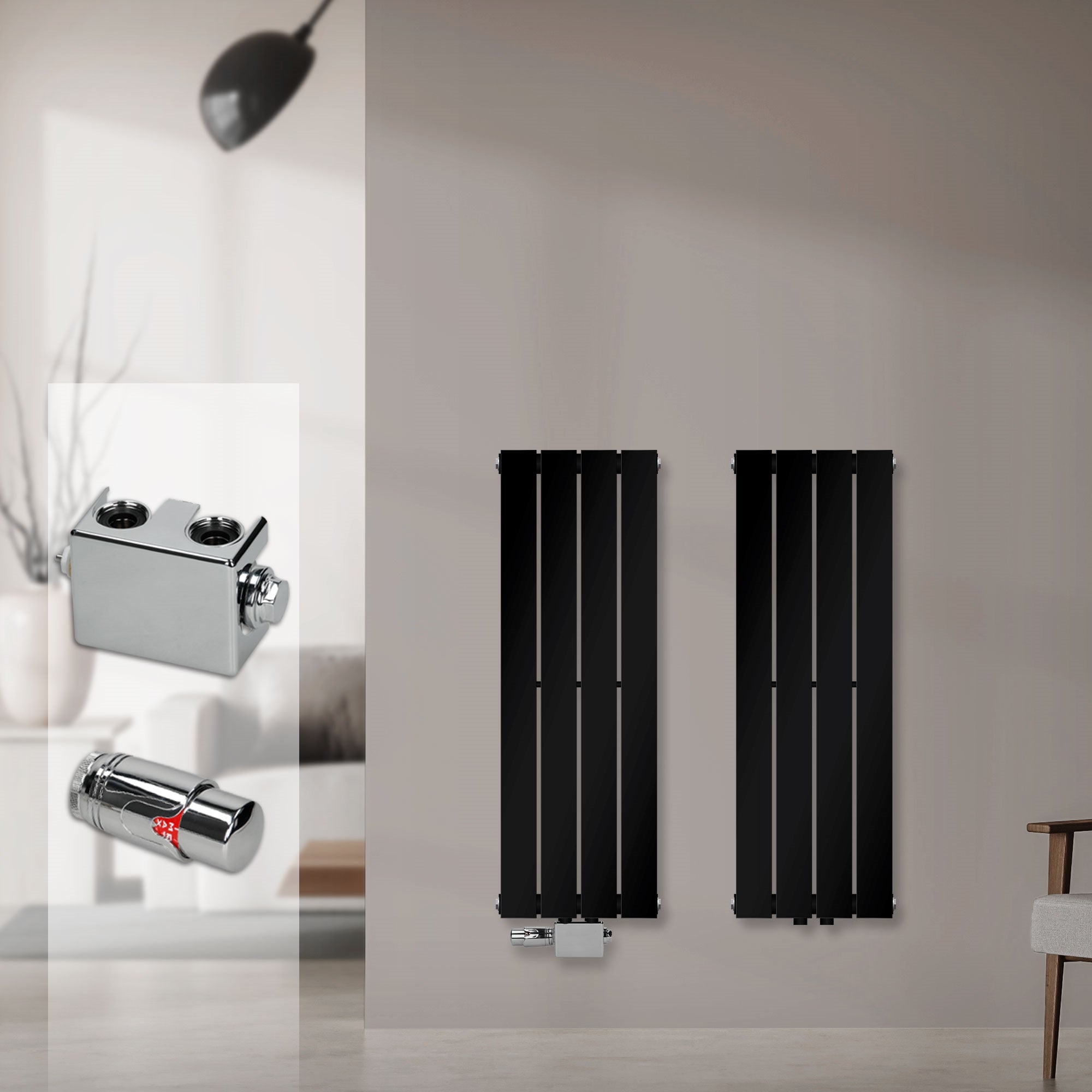Two black radiator panels mounted on a wall.