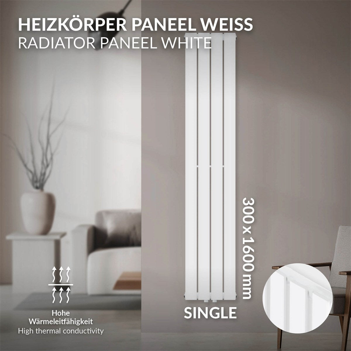 Radiador branco com dimensões de 300x1600 mm numa parede.