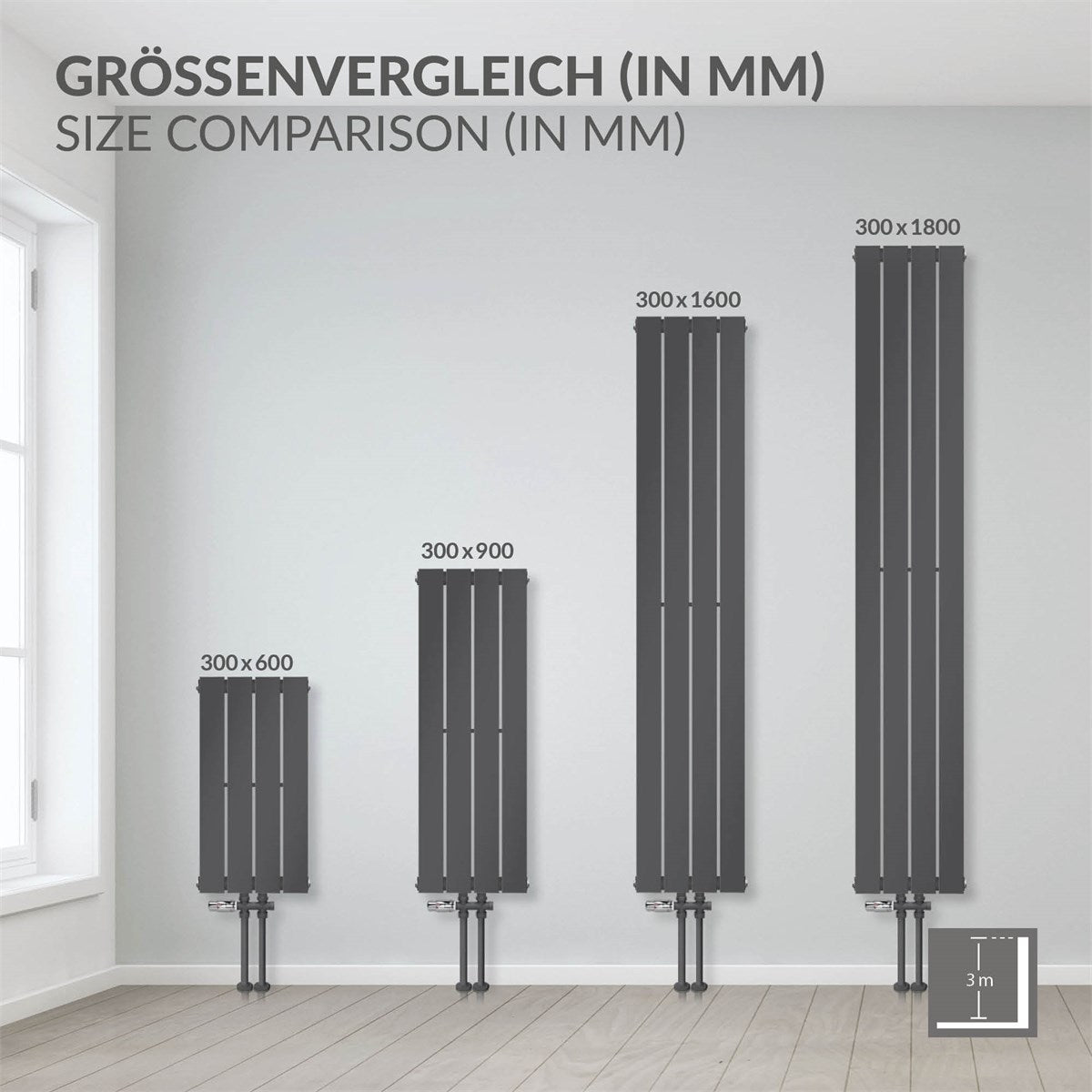 Panou de radiator de culoare antracit, cu dimensiunile de 300 × 1600 mm.