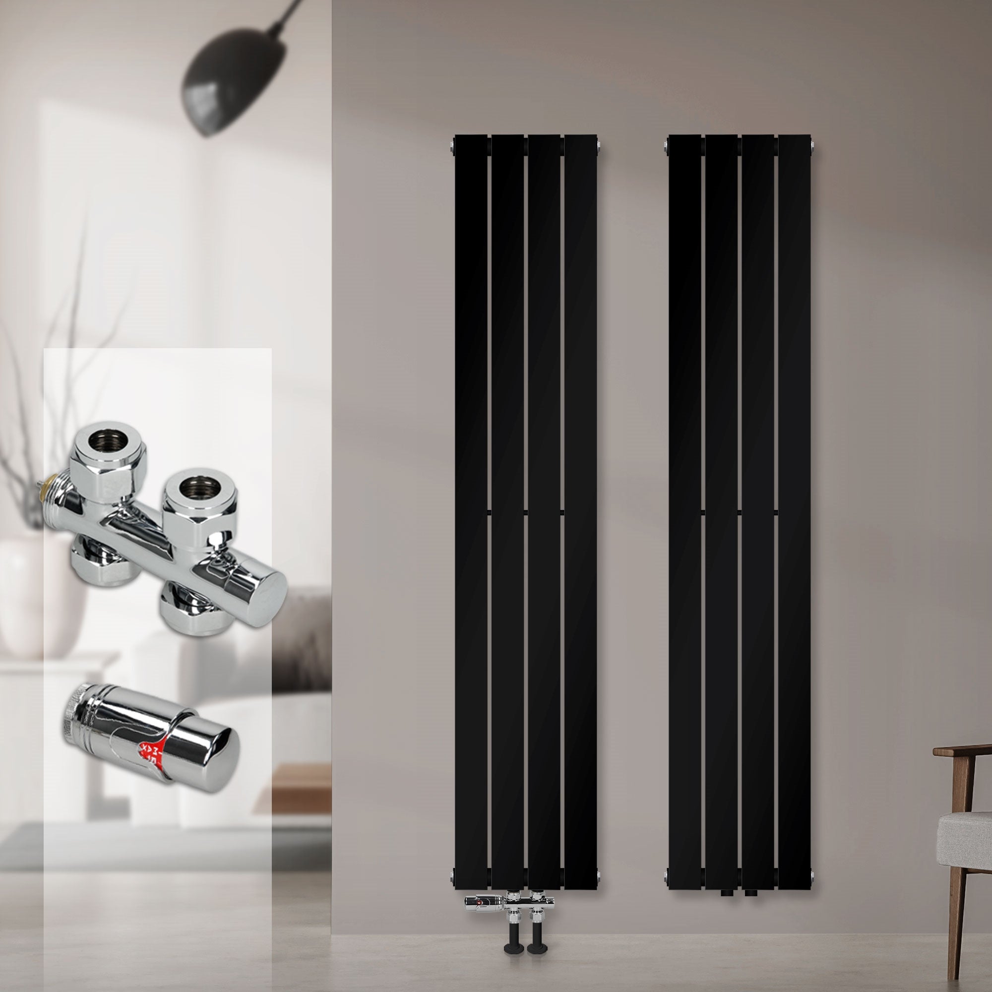 Dos radiadores negros en una pared, al lado de una válvula cromada.