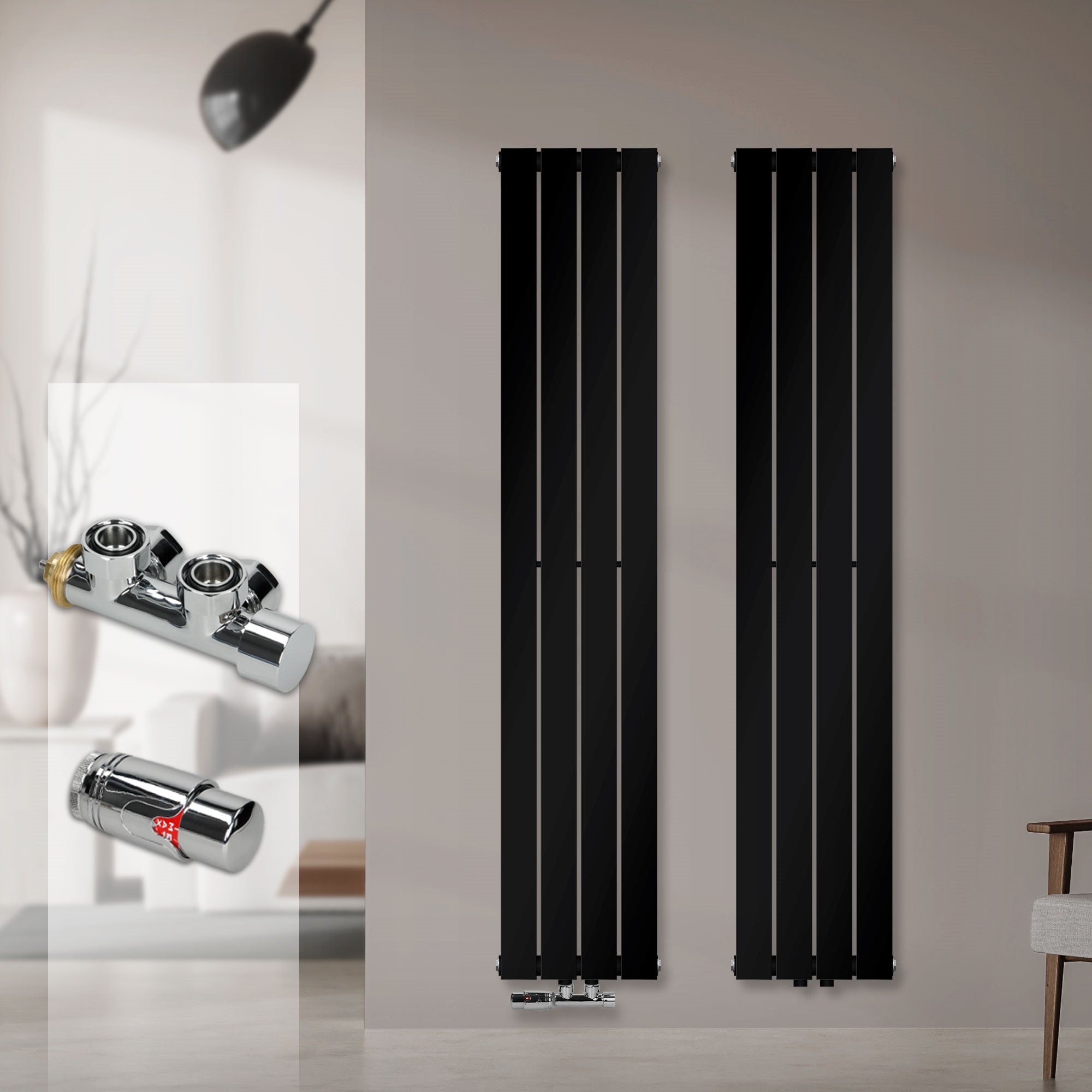 Zwei schwarze Heizkörper an einer Wand, mit Ventilen im Vordergrund.